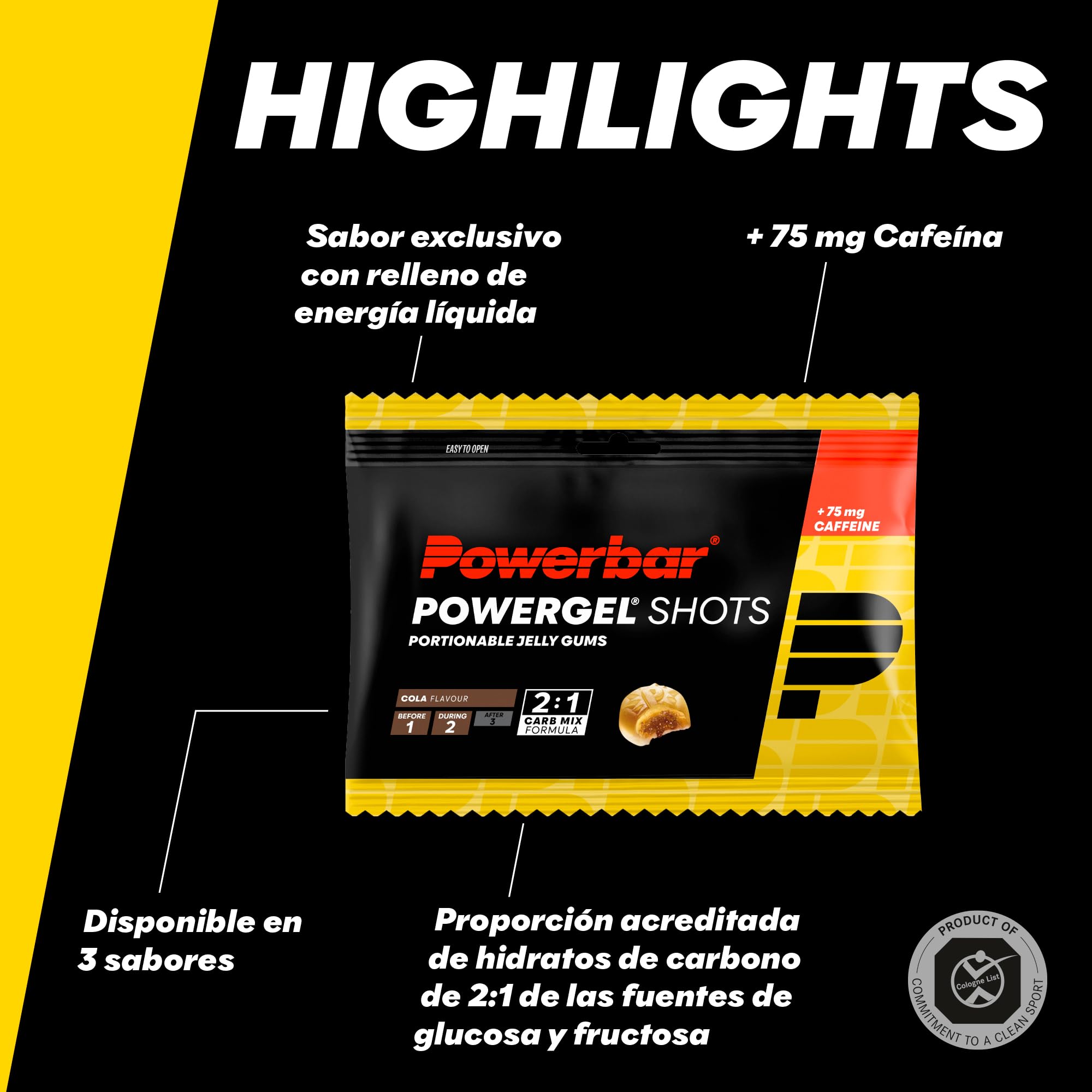 Powerbar - PowerGel Shots - Cola - 24x60g - Gominolas energéticas altas en carbohidratos - vitamina B6-75mg de cafeína