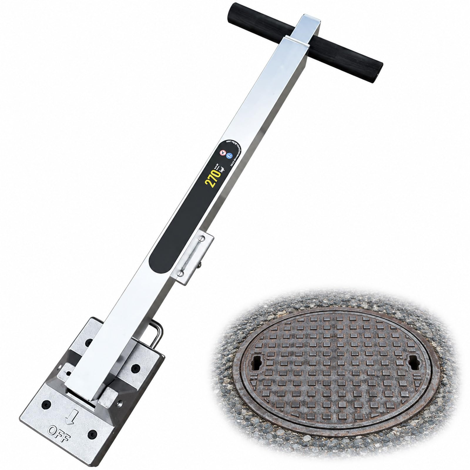 Sollevatore Magnetico per chiusini, Forza Magnetica 270 kg, Manico telescopico, Ruota d'appoggio e Alluminio per chiusini e coperture ferrose