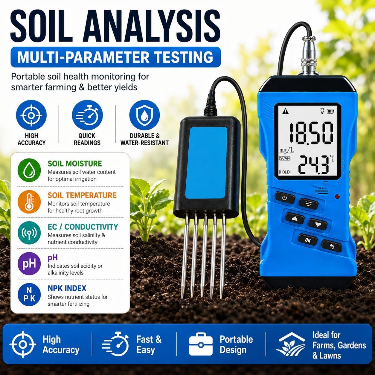 Kit d'Analyse de Sol Agricole, Détecteur de Sol Portable