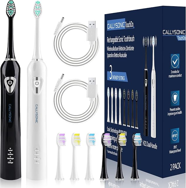 Electric Toothbrush Sonic for Adults and Kids, 2 Pack Rechargeable Toothbrushes with 8 Brush Heads for 1-Year-Replacement, 3 Brush Modes with USB Toothbrush Charger by CallySonic