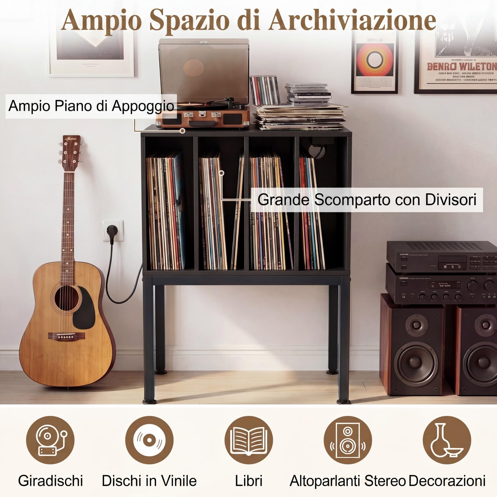 COSTWAY Mobile Porta Giradischi, Supporto per Vinili in Legno con Stazione di Ricaricae, 4 Scomparti, Gambe Rialzate in Metallo, Scaffale per Dischi per Soggiorno e Sala Musicale, 50 x 40 x 81 cm