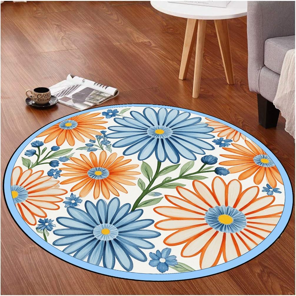 Blue Washable Round Rug,3ft Indoor Home Decor Carpet,Multicolor Round Area Rug,Vintage Floral Carpet,Soft Non-Slip Large Floor Mat,for Kitchen Living Room Bedroom Dining Room Office.