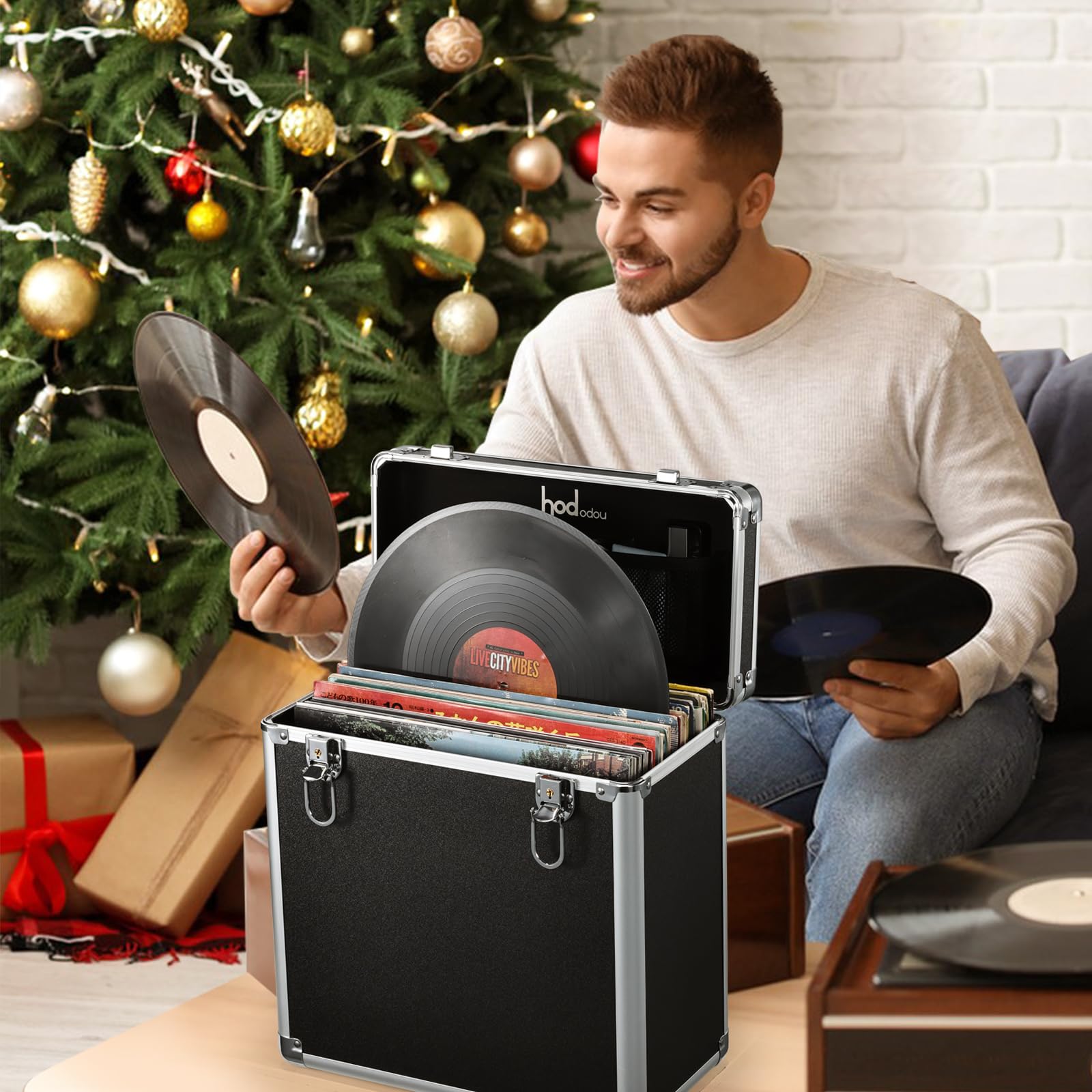 Caja para Vinilos Almacenamiento Transporte con Bolsillo de Malla Cierre Capacidad 45 Discos para Coleccionistas Negro