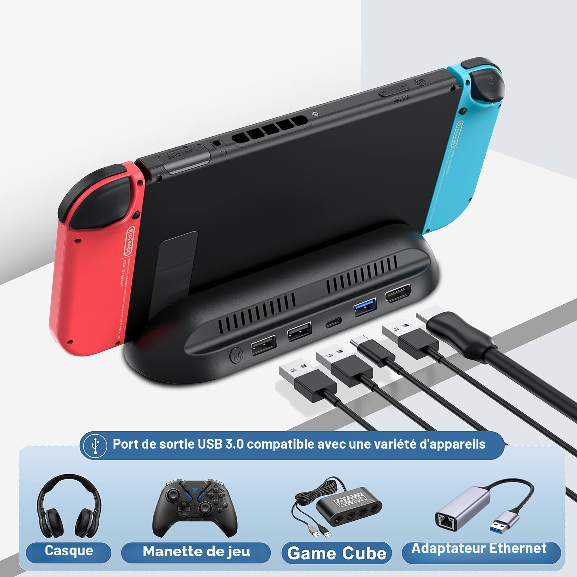 GKEAPZA Station d'accueil pour Nintendo Switch/Switch OLED, base portable 5 en 1 avec port HDMI, USB 3.0 type C et charge, remplacement officiel