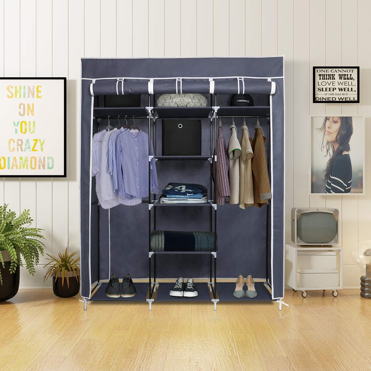 Mondeer Stoffschrank für Schlafzimmer, Kleiderschrank, zusammenklappbar, mit sechs Reißverschlüssen und DREI Türen, schneller Zugriff, 175 x 150 x 45 cm, großes Stauraum, Grau