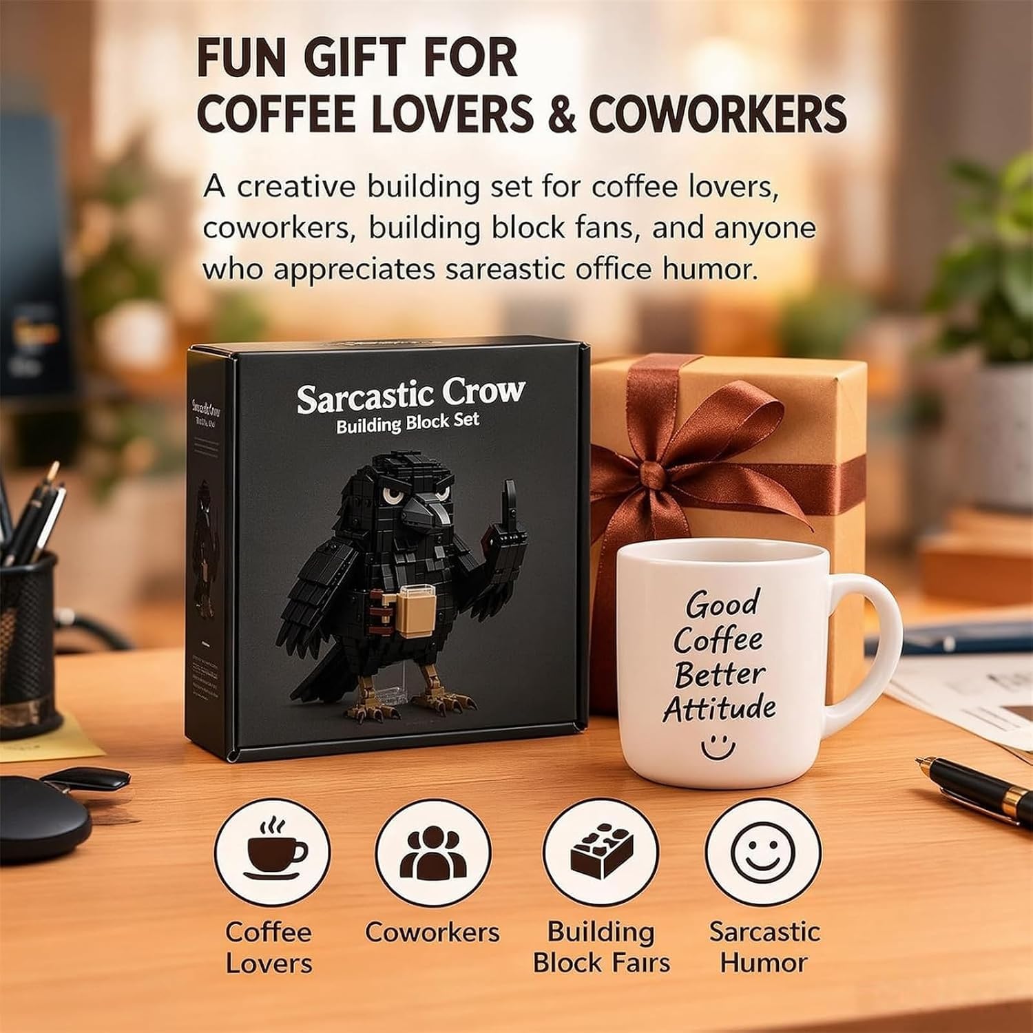 Set di mattoncini “Sarcastic Coffe da scrivania ee Crow”