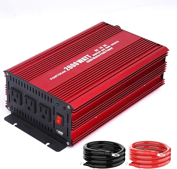 POWTDEAR Power Inverter 2000 Watt, Modified Sine Wave Power Converter 2000W DC 12V to 110V AC Car Inverter with 2.4A USB Ports 3 AC Outlets Red