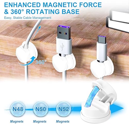 Miniatura 5 de Organizador de cables magnéticos, clips adhesivos giratorios de 360, soporte de cable compacto para mesita de noche, escritorio, automóvil, cocina y