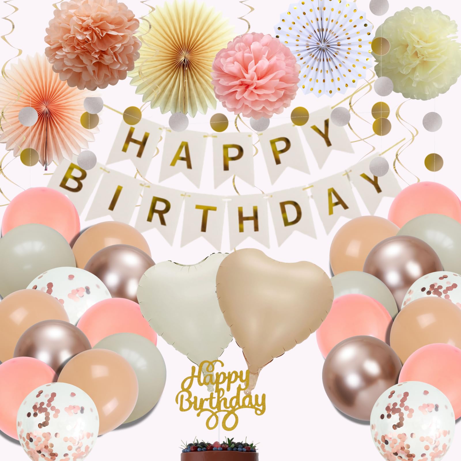 Ucatcher Beige Champagne-Gold Birthday Decorations for Women Beige Rose Gold and Dusty Pink Balloons Happy Birthday Banner Pom Pom Cake Topper for Party Decoration Supplies