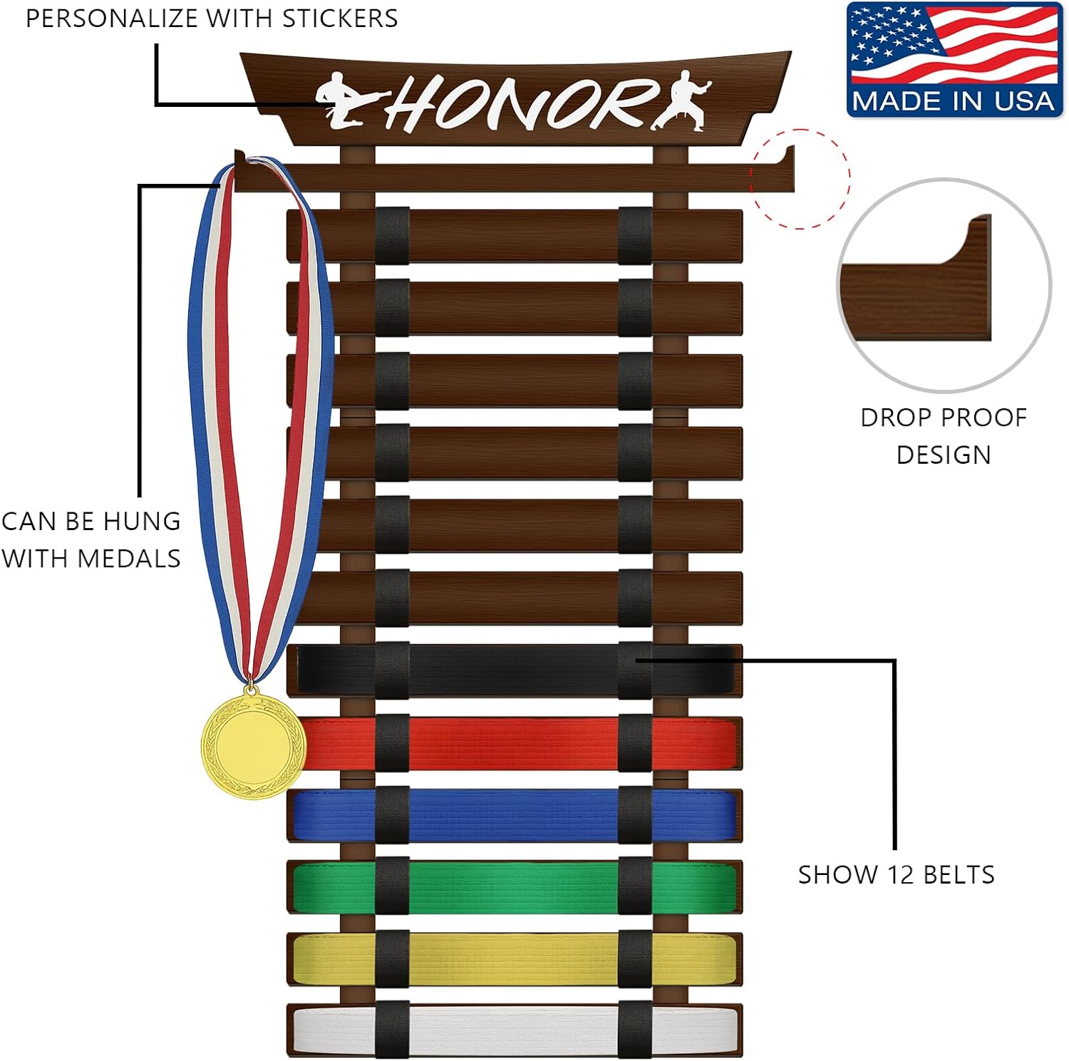 SD FACTORY 12 Belts Karate Belt Display Rack with Stickers Wall Mounted Taekwondo Belt Display No Assembly Required BJJ Kids and Adults Hanging Stands