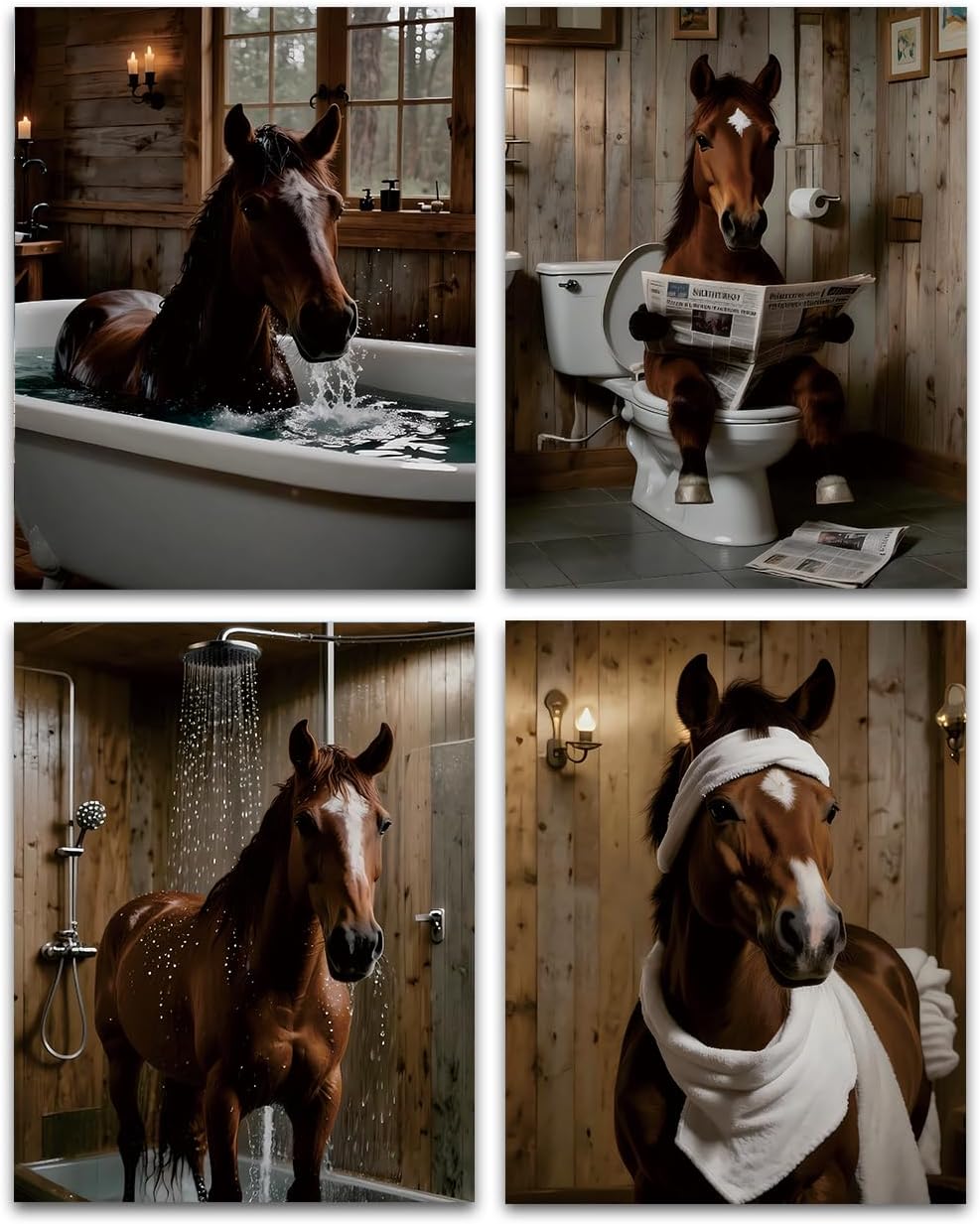 Funny Horse Bathroom Wall Art, Brown Wild Horse Canvas Wall Art,Set of 4 Quirky Rustic Animal Prints,Retro Farm Animal Posters,for Home Farmhouse Bathroom Bedroom Living Room (8x10inch Unframed)
