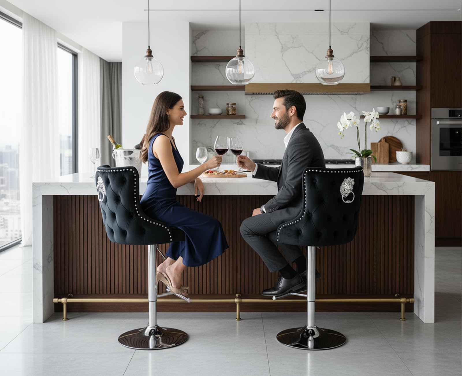 Ya-Home Samt Barhocker 2er Set, Höhenverstellbare Tresenhocker mit Löwenring-Zuggriff Gepolsterte Barstühle Moderne Küchenhocker für Küche, Theke,Schwarz