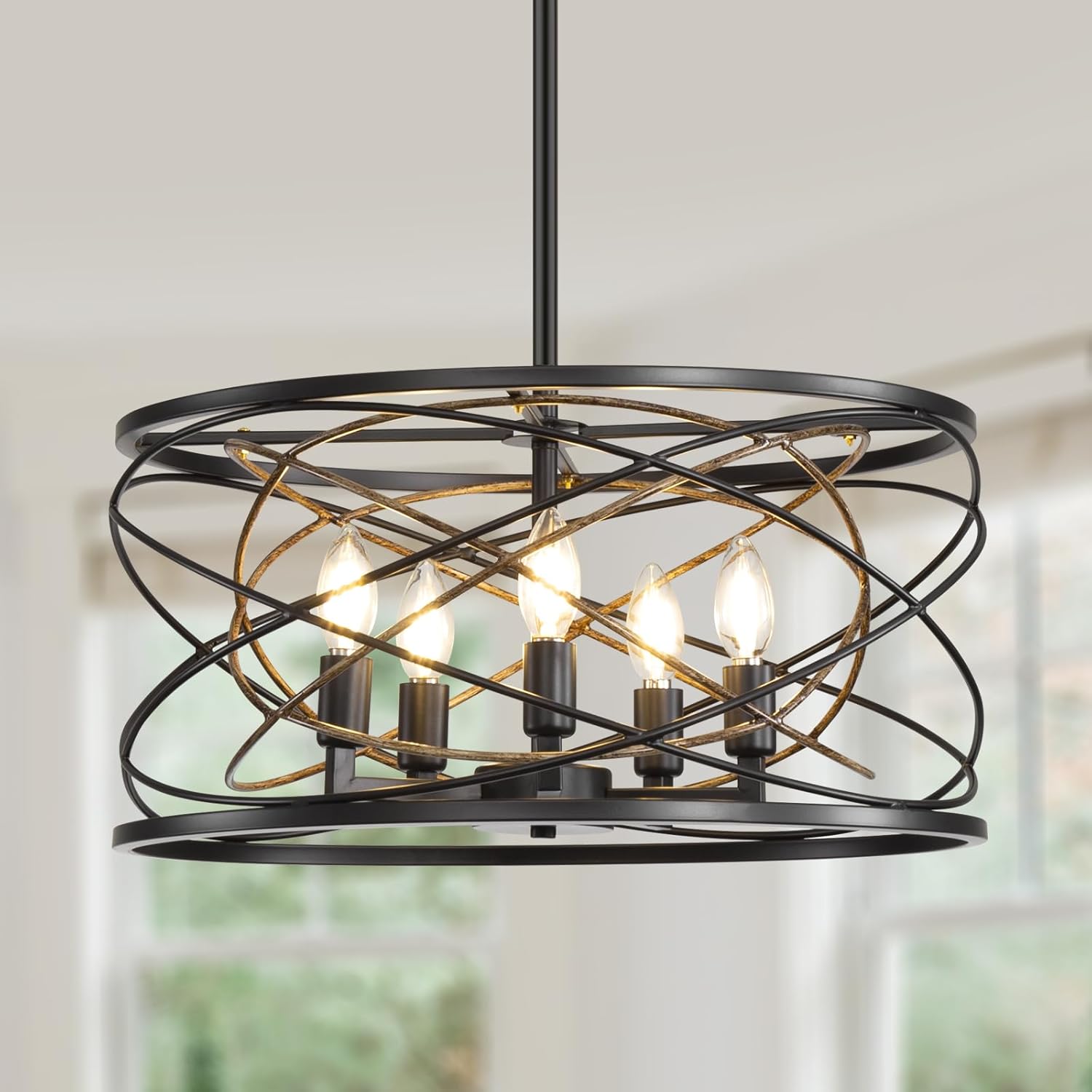 Chandeliers for Dining Room Light Fixture, 5 Light Metal Drum Large Lighting Fixtures, 19.7'', Rustic Black with Vintage Wood Grain Interior for Kitchen, Living Room, Foyer,E12