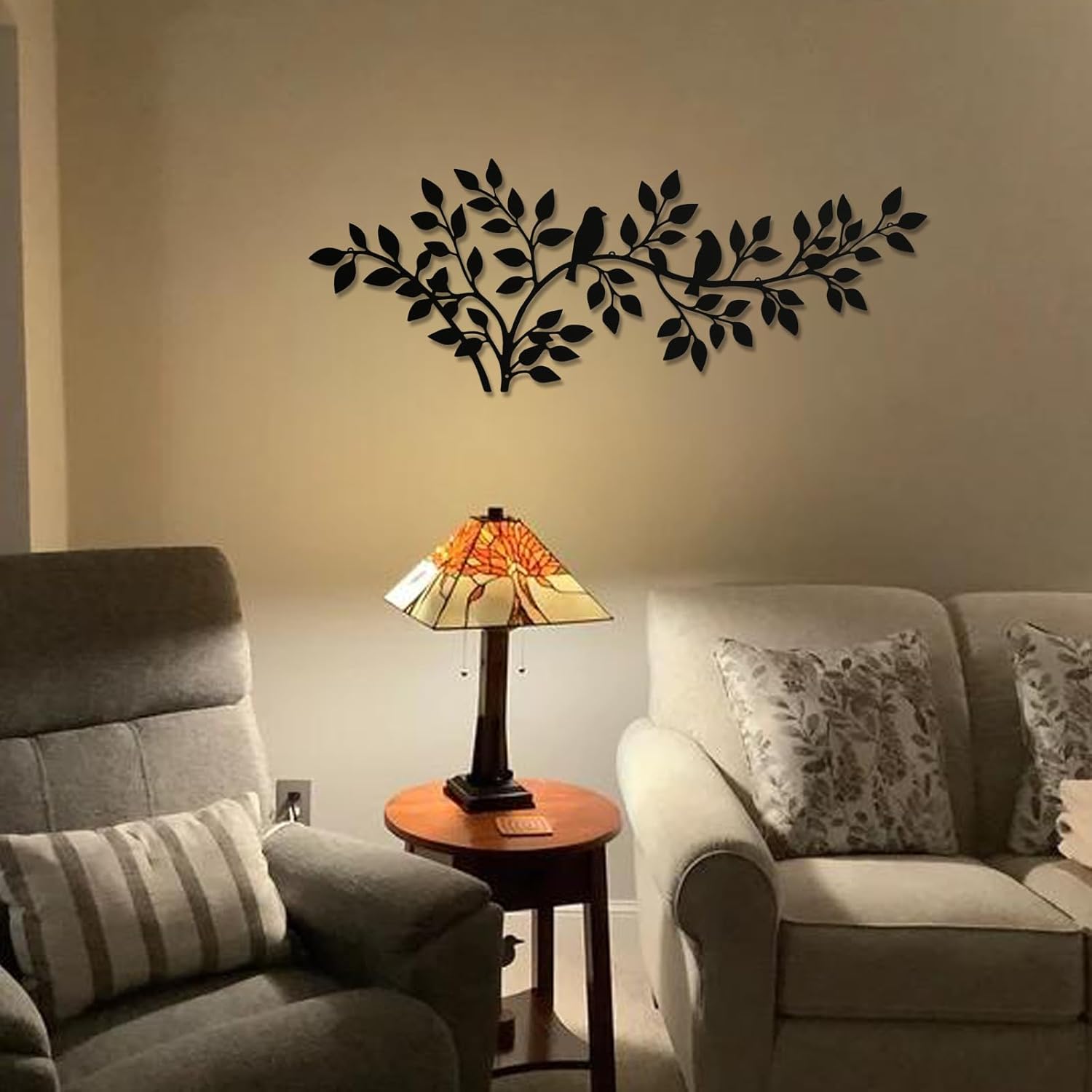 QZGXDECO 34Inch Metal Tree Leaf Birds on Branch Wall Decor Art,Black Vine Olive Branch Leaves with Bird Hanging Wall Sculpture for Home Balcony Living Room Bedroom Hallway Wall Decoration