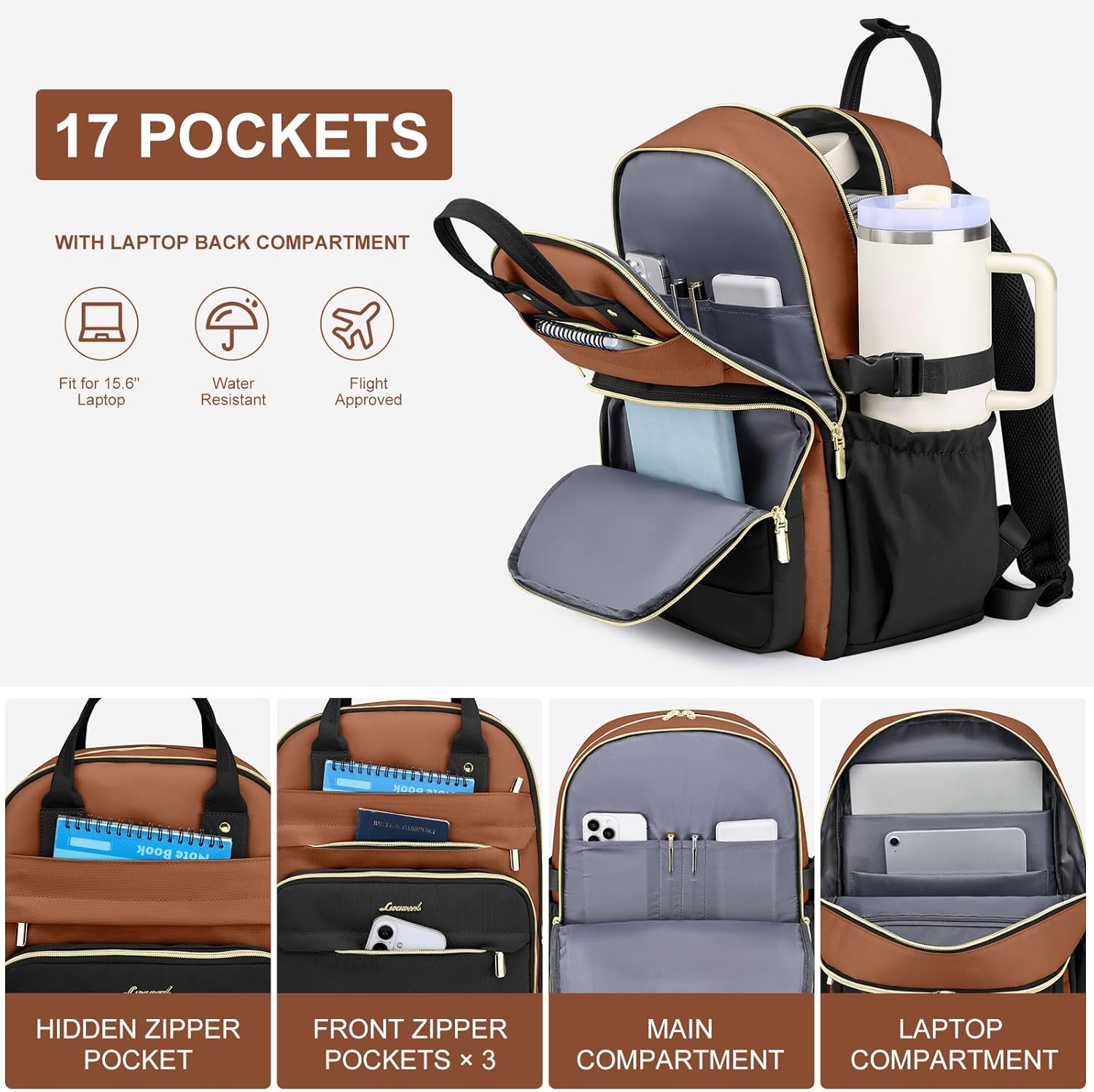 Women Laptop Backpack College Bookbag: 15.6 inch Backpacks with Pouch Pocket for Large Capacity Cup Travel Waterproof Book Bag Anti-theft Casual Work Bookbags for Teacher Nurse Black Brown