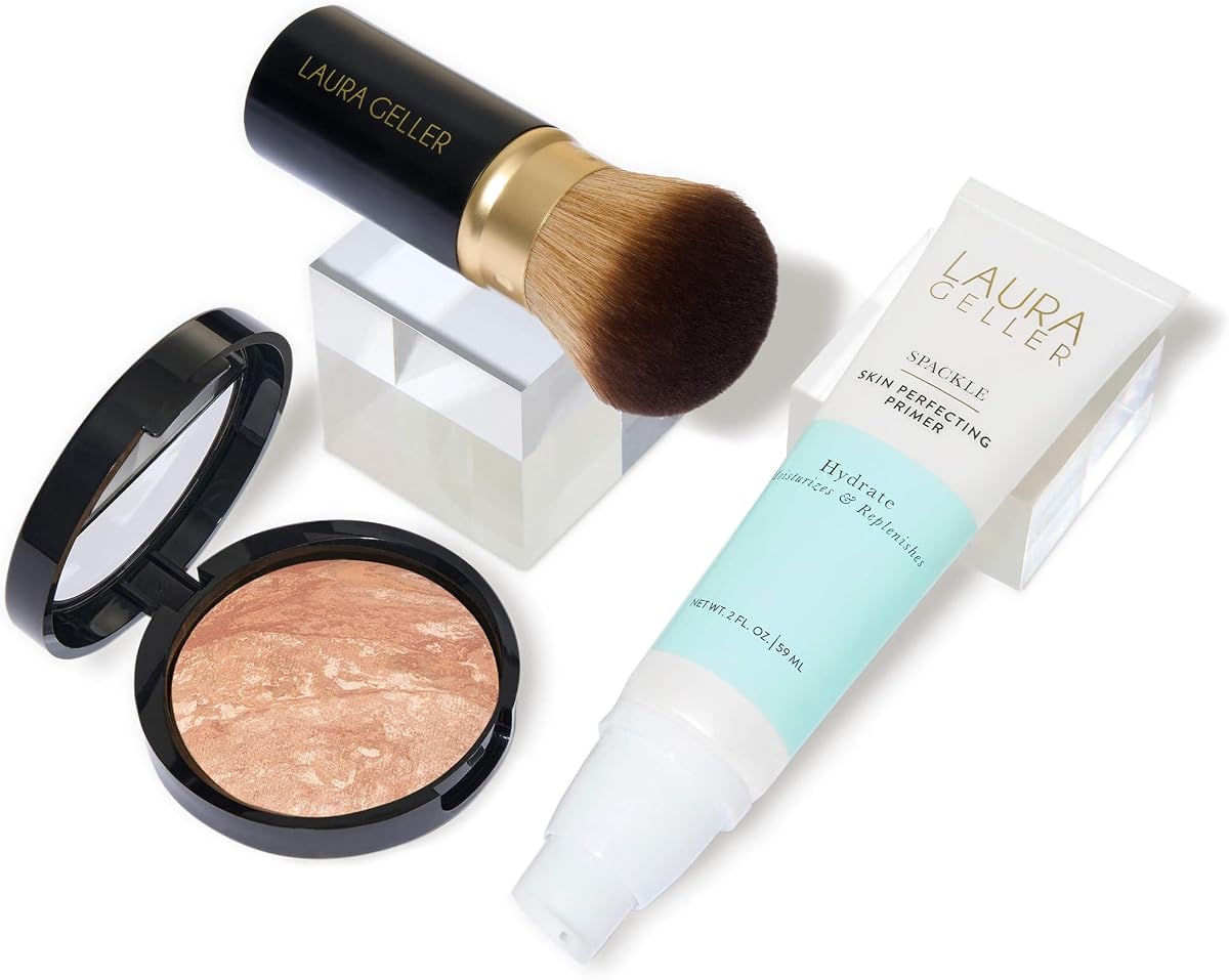 Laura's Must-Haves Kit 3pc: Baked Balance-n-Brighten Powder Foundation, Light + Spackle Skin Perfecting Makeup Primer, Hydrate + Airbrush Round Kabuki Brush