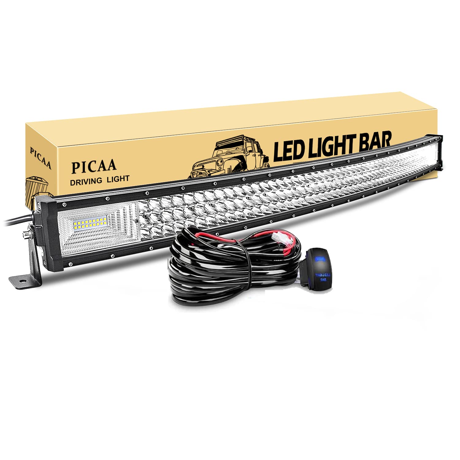 PICAA Listwa świetlna LED, 42 cale, 540 W, zakrzywiona, potrójnie rzędowa lampa robocza LED, wiązka powodziowa z zestawem wiązki przewodów, przełącznik do ciężarówek, ciągników, 4 x 4, łódź, off-road, automatyczna lampa przeciwmgielna, 12 V