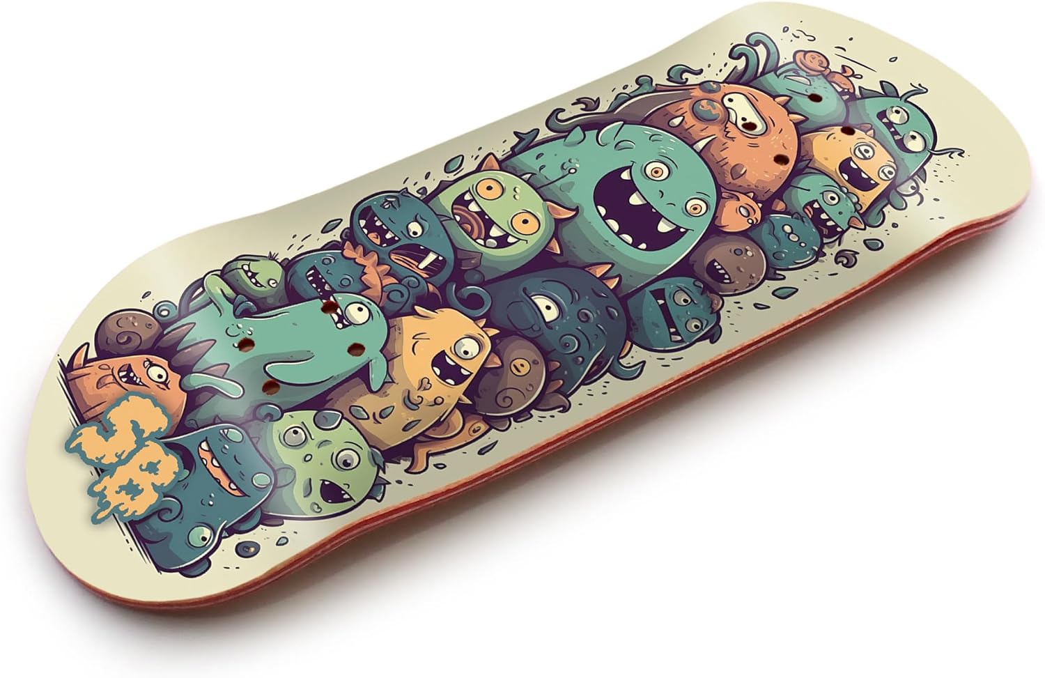 SPITBOARDS® 34mm Fingerboard Deck - Real Wood (5-Layers) Classic Popsicle Street Shape - Size: 34 x 96 mm - Single Graphic Deck (Real Wear) - Optimized Concave - Monster Party
