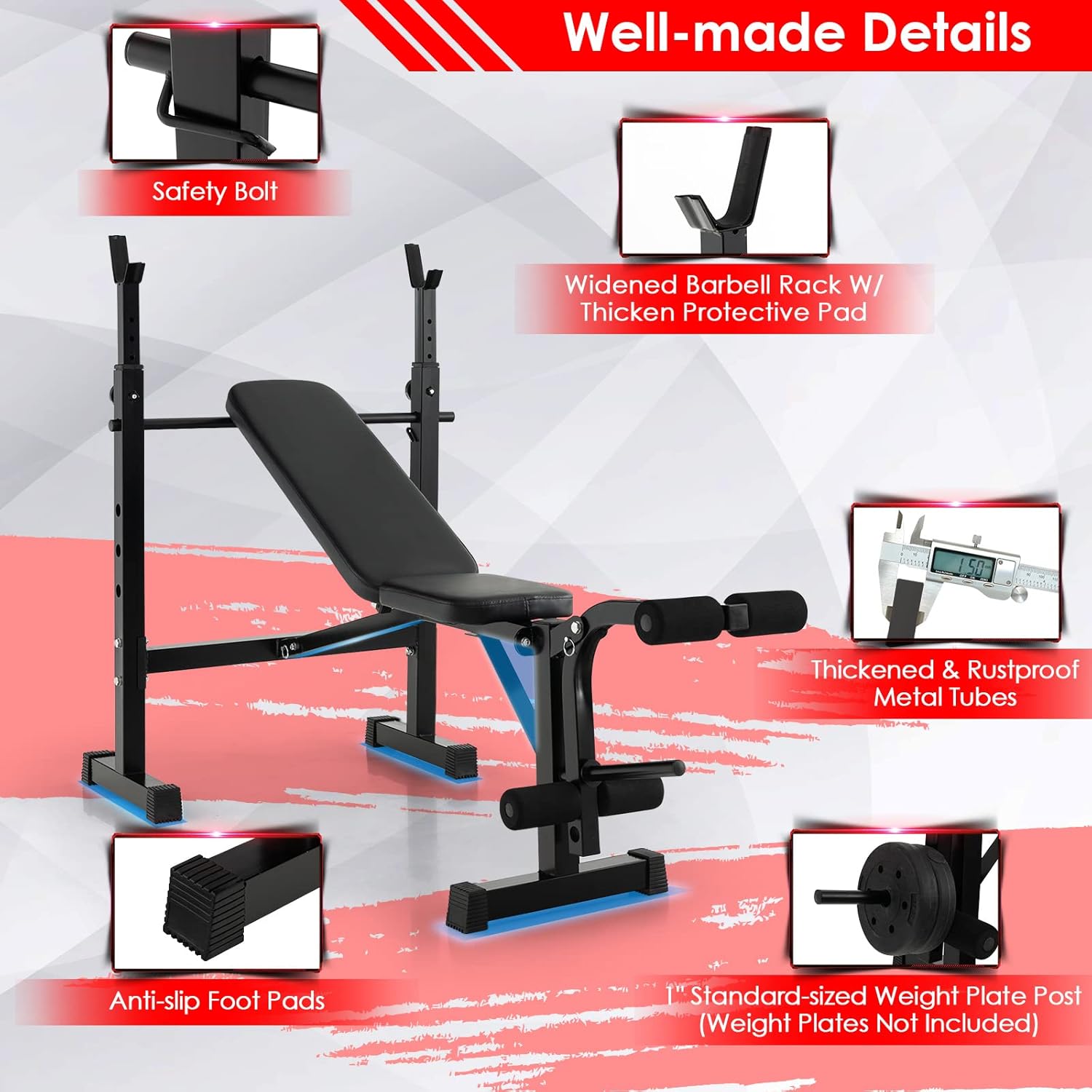 Goplus Adjustable Olympic Weight Bench Barbell Rack Set, Foldable Workout Bench Press Set with Leg Developer, Squat Rack, Home Gym Flat Incline Decline Weight Lifting Strength Training