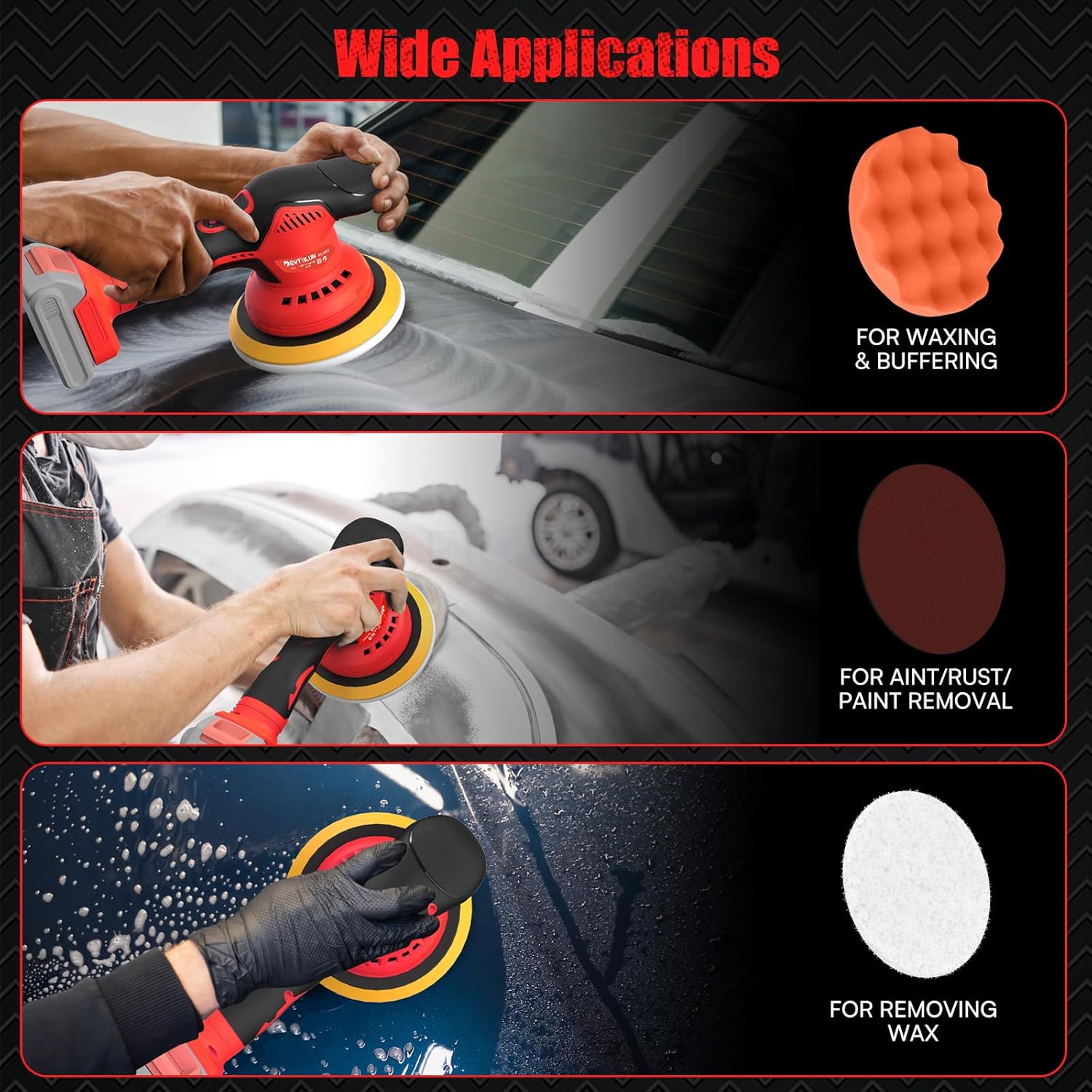 Cordless Car Buffer Polisher for Milwaukee M18 Battery(NO Battery),6 In Brushless Buffer Polisher Kit , 8 Variable Speed 5500RPM Orbital Polisher for Car Detailing Waxing,14PCS Polishing Accessories - Image 7
