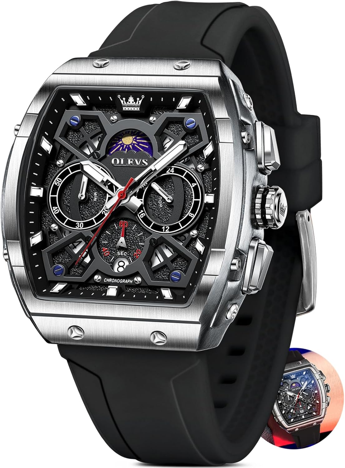 OLEVS Mens Watches Luxury,Silicon Strap Watches for Men,Chronograph Waterproof Business Large Face Tonneau Quartz Fashion Men’s Wrist Watch Dress Relojes para Hombres(Red/Yellow/Black/White Strap)