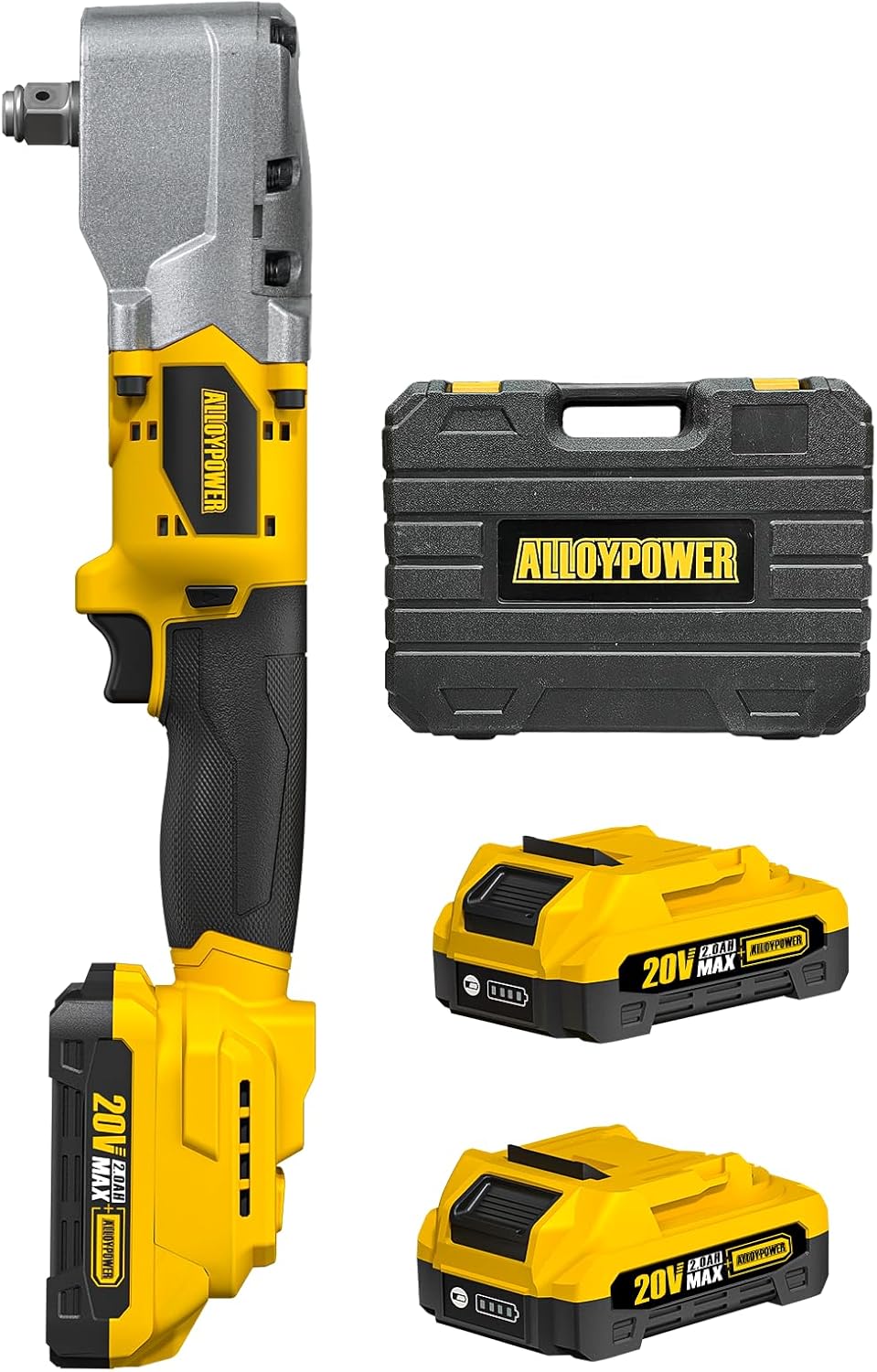 ALLOYPOWER 20V Brushless 1/2" Right Angle Impact Wrench 207 ft-lbs Torque, 2x2.0Ah Batteries, LED Light, 2-Speed for Tight Spaces