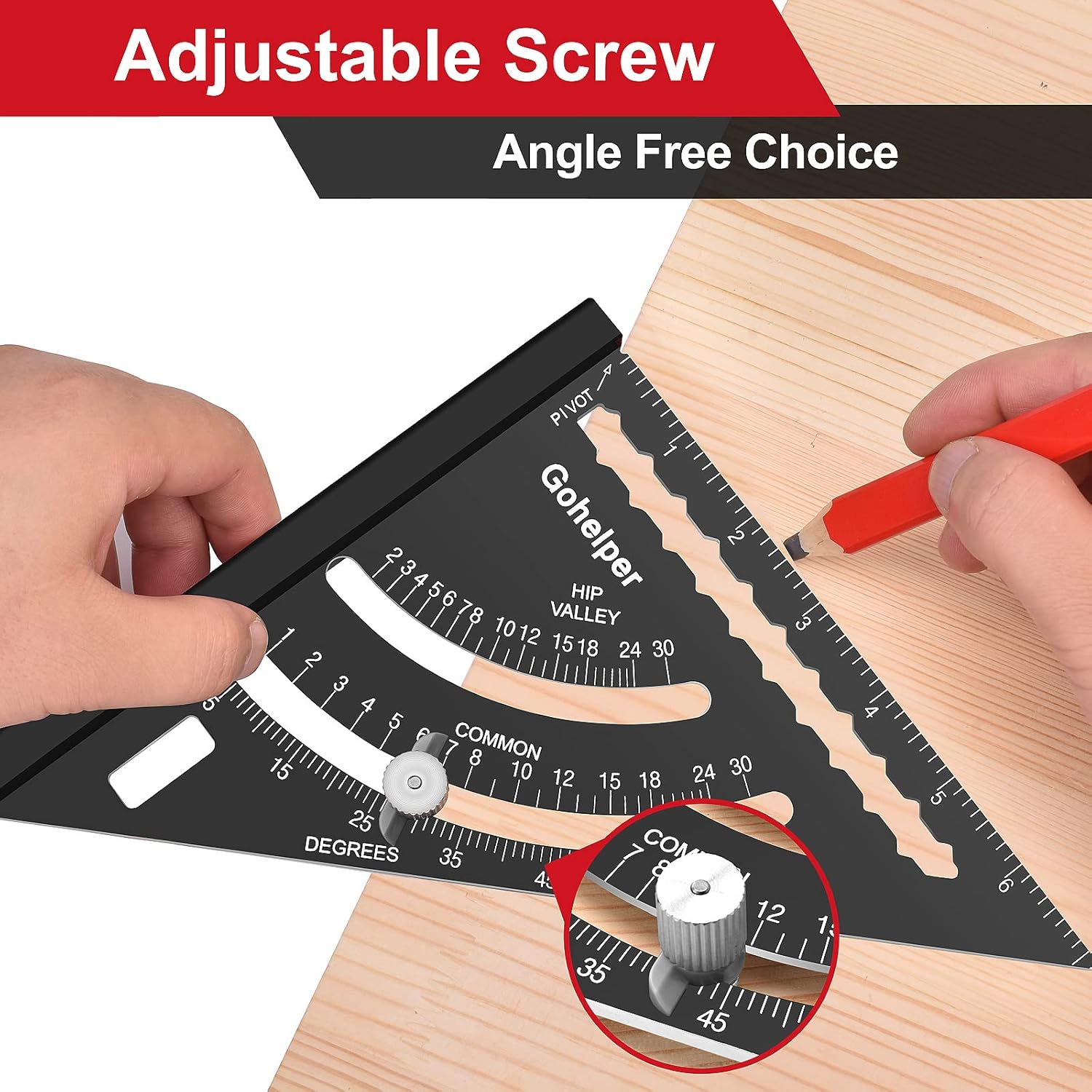 7 inch Carpenter Square Tool Rafter Square with Construction Pencil Carabiner Metal Aluminum Woodworking Framing Measuring Quick Angle Precise Adjustable Triangle Ruler Carpentry Square Layout Tool - 