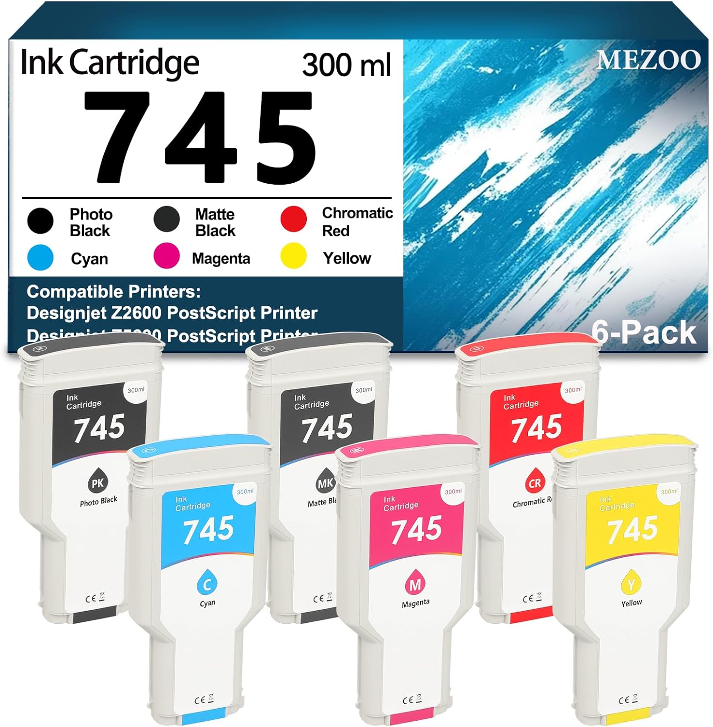 745 Ink Cartridge Set High Capacity 300ML Compatible for HP 745 745XL Ink Cartridges F9K06A F9K05A F9K04A F9K03A F9K02A F9K01A Replacement for HP DesignJet Z2600 Z5600 Postscript Printer(6-Pack)