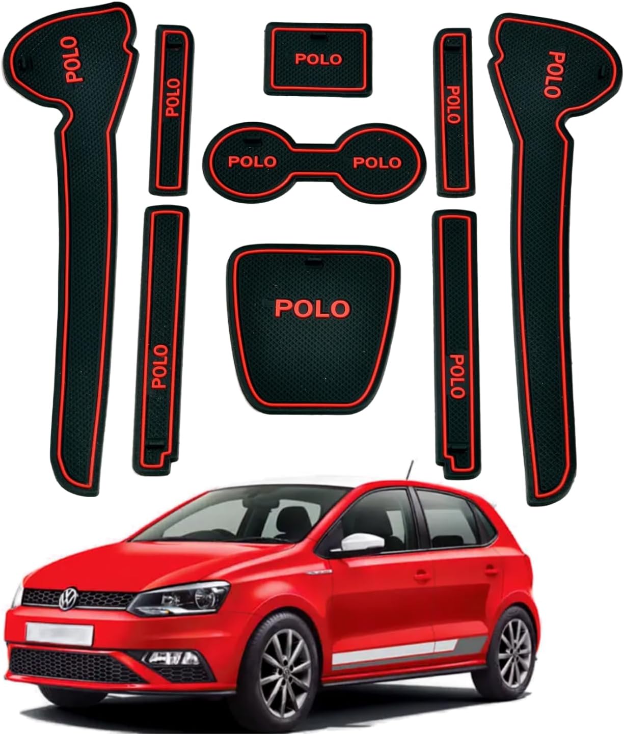 Car Drome | Door Cup Mat Set for Volkswagen Polo | Premium Non Slip Rubber Inserts | Custom Fit 9 Pieces | Red Trim Interior Car Accessories | Dustproof Washable Car Styling
