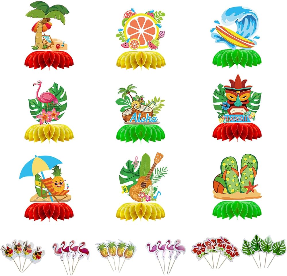 Décorations Centre De Table Nid D'abeille Hawaïen - Lot De 9 Pièces + 24 Pointes, Papier Résistant