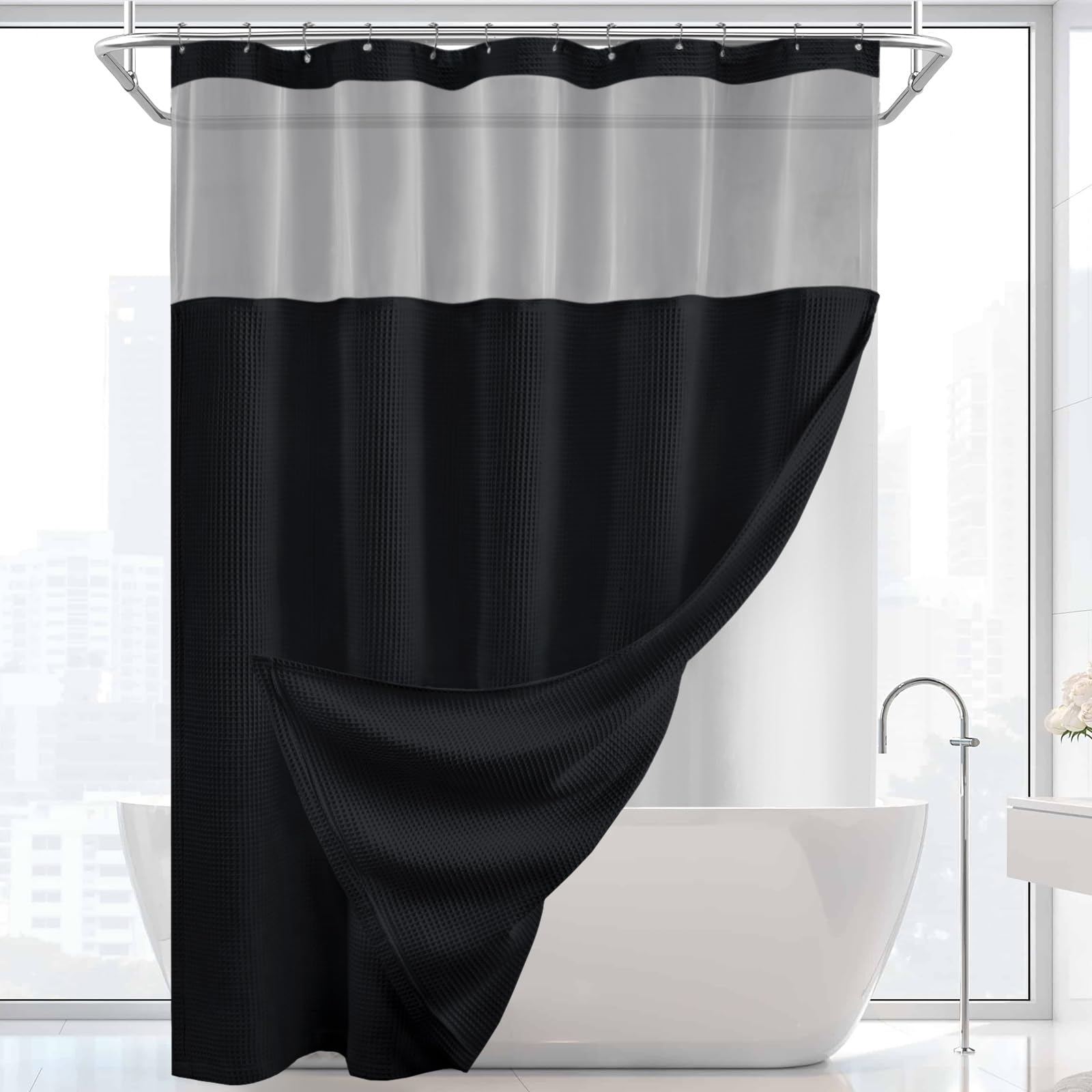 YellyHommy Duschvorhang Aus Waffelgewebe – Mit Wasserdichtem Einsatz, Netzfenster, 183x213 Cm, Hotel-Style