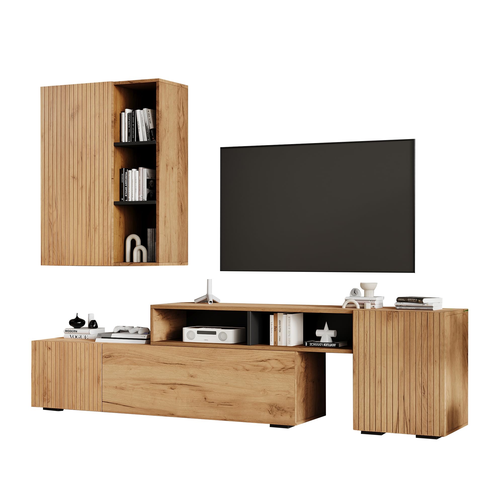 Set da parete per TV con vetrina (set completo, 2 pezzi), pannello multimediale incluso, set di mobili TV e mensole, da terra e sospeso (colore legno + nero 1)