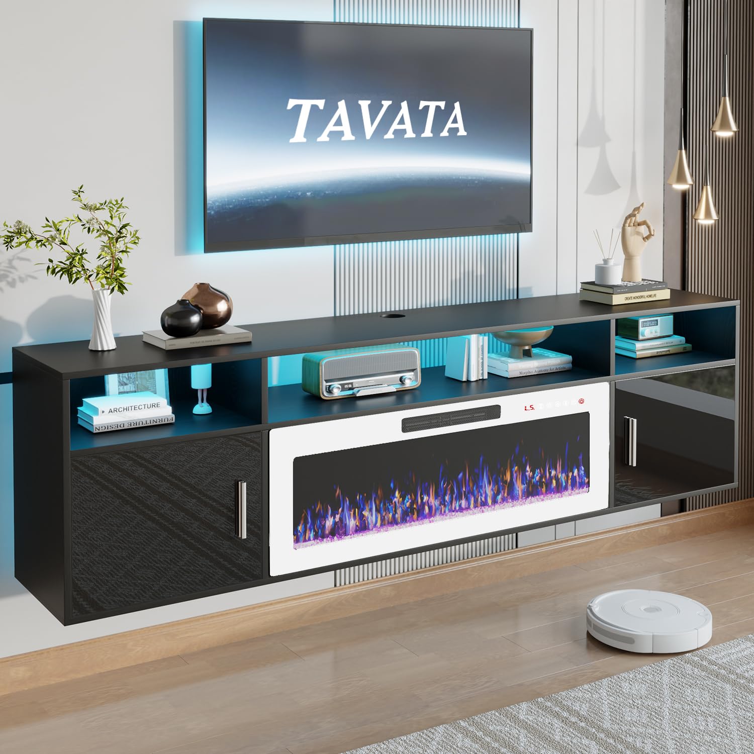 TAVATA 70" Floating TV Stand with 36" Electric Fireplace, High Gloss Finish Wall Mounted Electric Fireplace TV Stand with Storage and 16 Colors LED