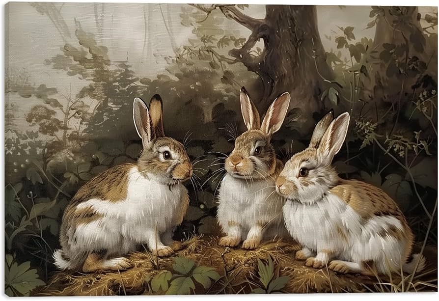 Amazon.co.jp: ビンテージラビットキャンバスウォールアート、森の中の