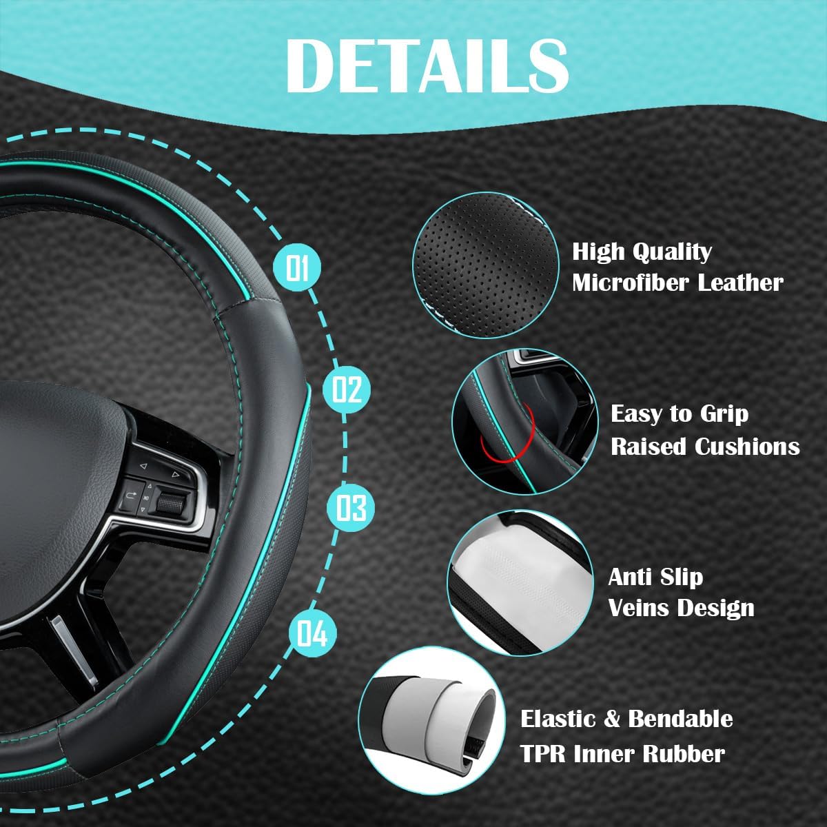 CAR PASS Piping Leather Universal Fit Steering Wheel Cover, Cloth Car Seat Covers Full Set, Waterproof Edge Leather Floor Mats, Car Accessories Interior Sets, Black and Mint