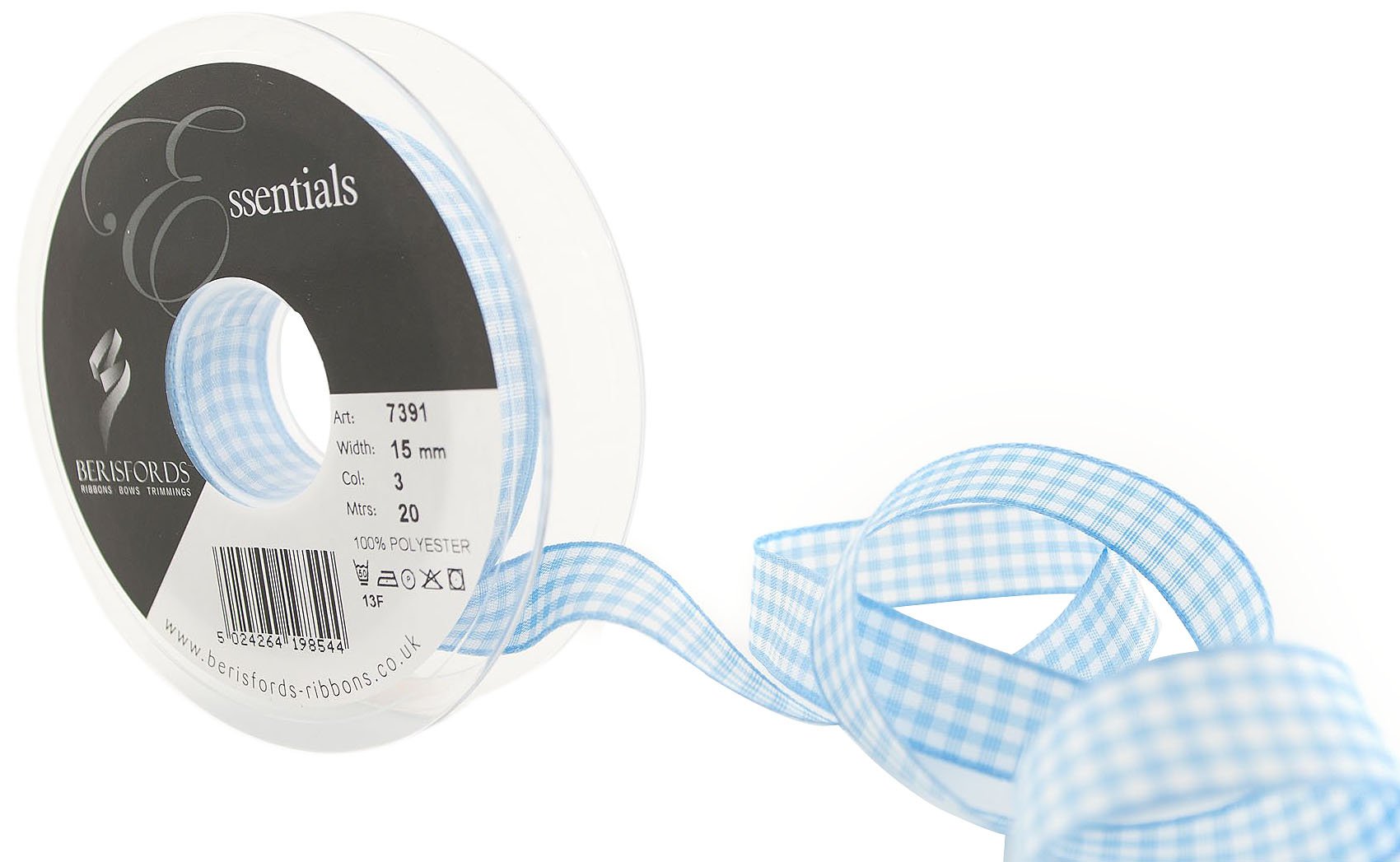 Berisfords 7391 20 m x 15 mm Traditional Check Gingham Ribbon, Sky