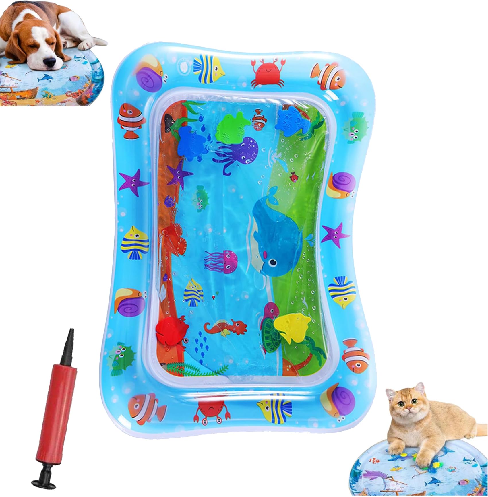Pet Water Bed, Thickened Water Sensory Play Mat for Cats Dog, Pet Bed for Dogs, Washable Inflatable Playmat, Summer Cooling Sensory Play Pad with Inflator, Anti-Scratch (Square-B)