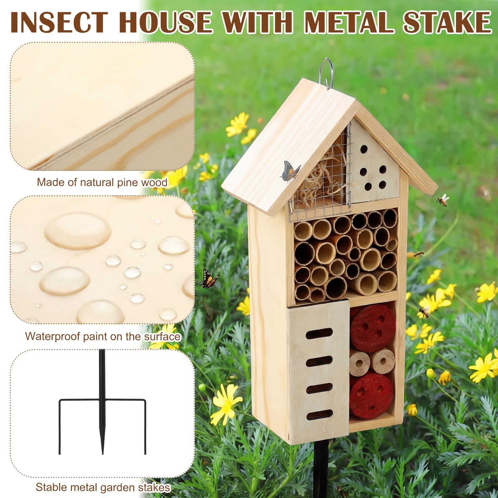 Novabright Casa per insetti in legno con paletto in metallo, per hotel, api, habitat naturale, per api, farfalle, coccinelle, insetti utili, giardino, cortile