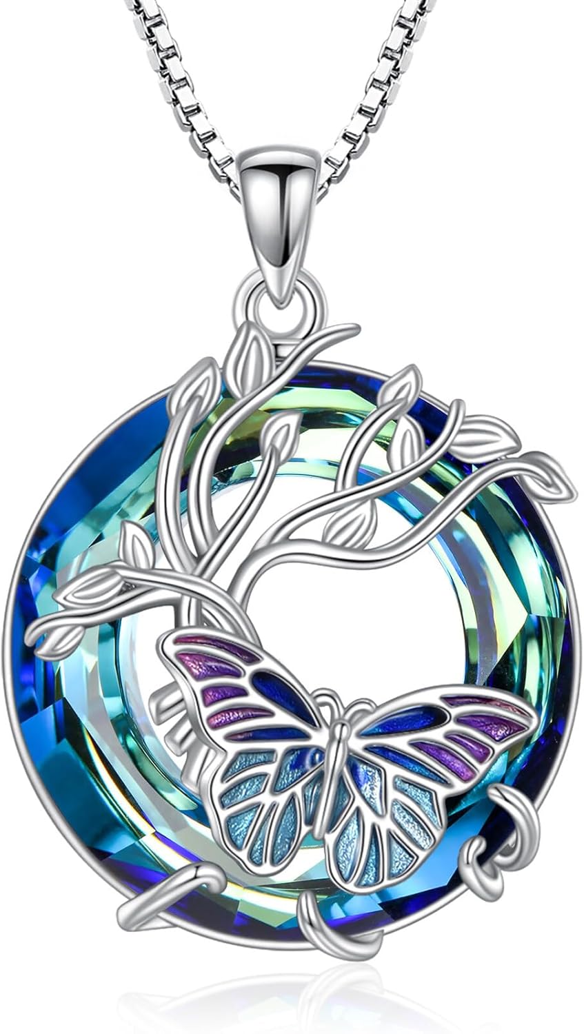 Tree of Life Phoenix/Butterfly Necklace for Women, 925 Sterling Silver Blue Crystal Animal/Birds Pendant Jewelry Birthday Mothers Day Christmas Gifts for Mom Wife Her 18+2/22+2 Inches