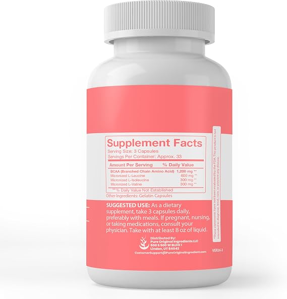 PURE ORIGINAL INGREDIENTS BCAA, (100 Capsules) Always Pure, No Additives Or Fillers, Lab Verified