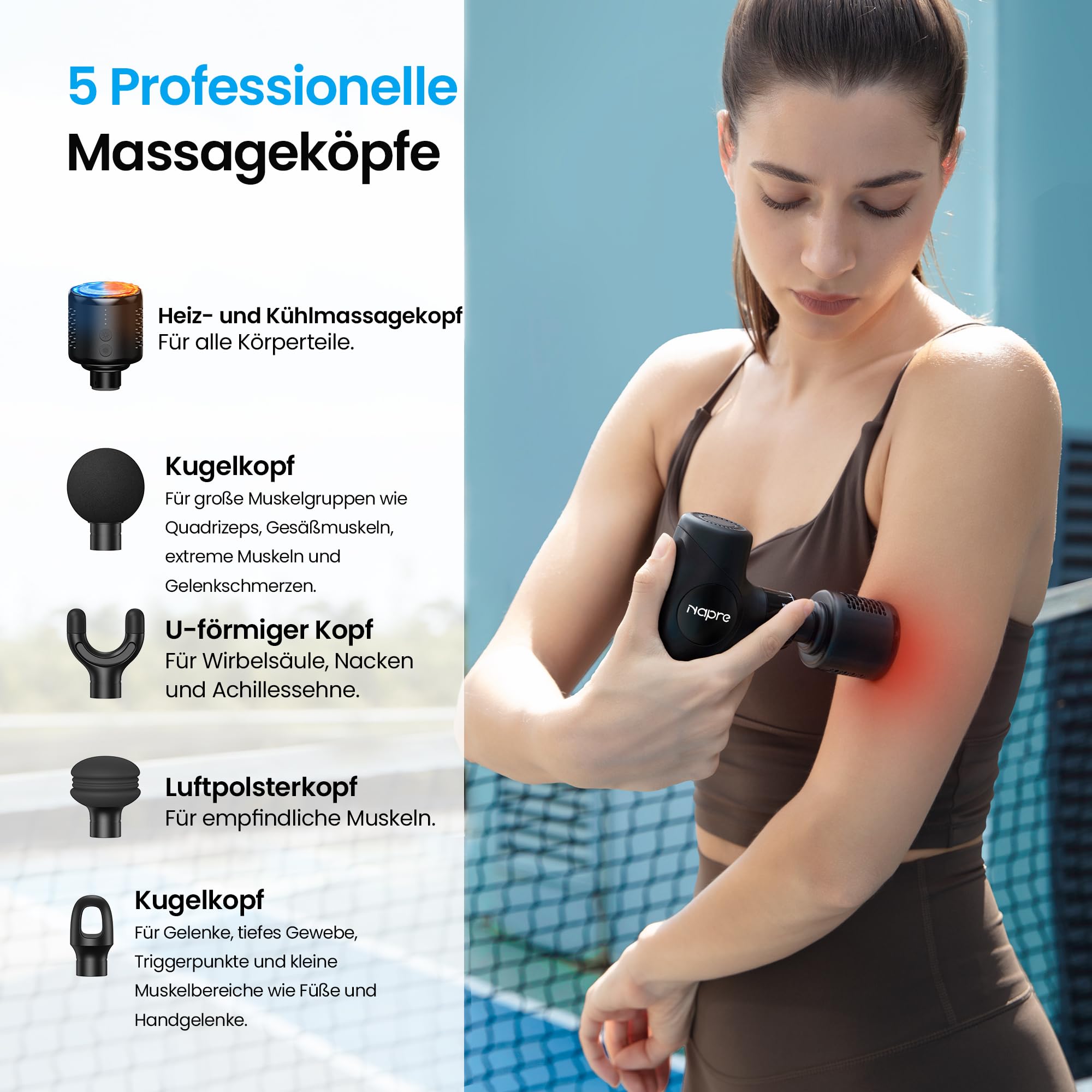 Massagepistole mit Wärme und Kälte,NAPRE 3-in-1 Mini Massage Gun Massage Pistole mit Abnehmbar Verlängerung,Muskel Percussion Massagegerät für Rücken Nacken Körper,Ultra-Leise & Klein,5 Köpfe & Koffer