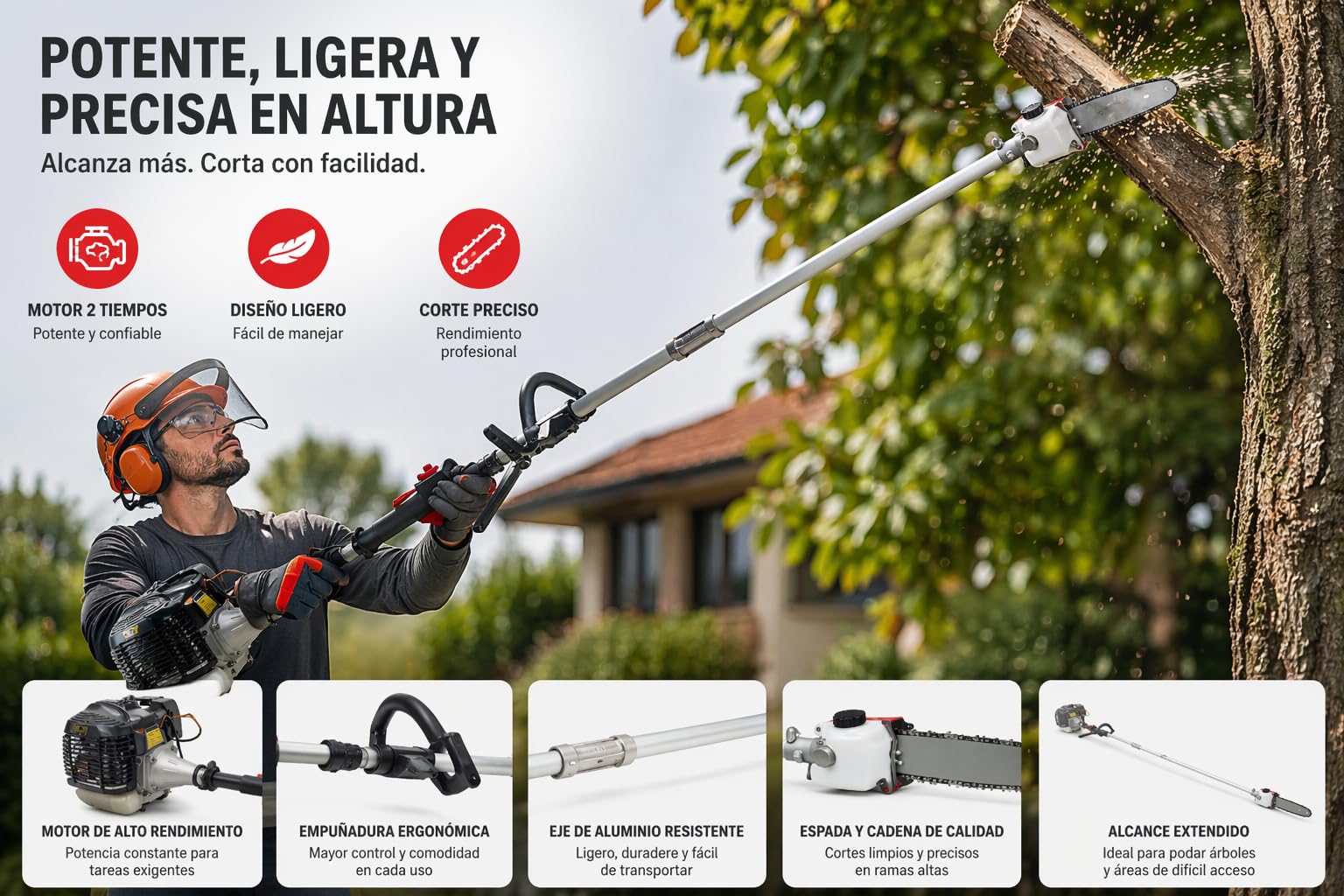 Podadora de altura de gasolina de 62cc, Espadin de 30cm,3 metros de altura