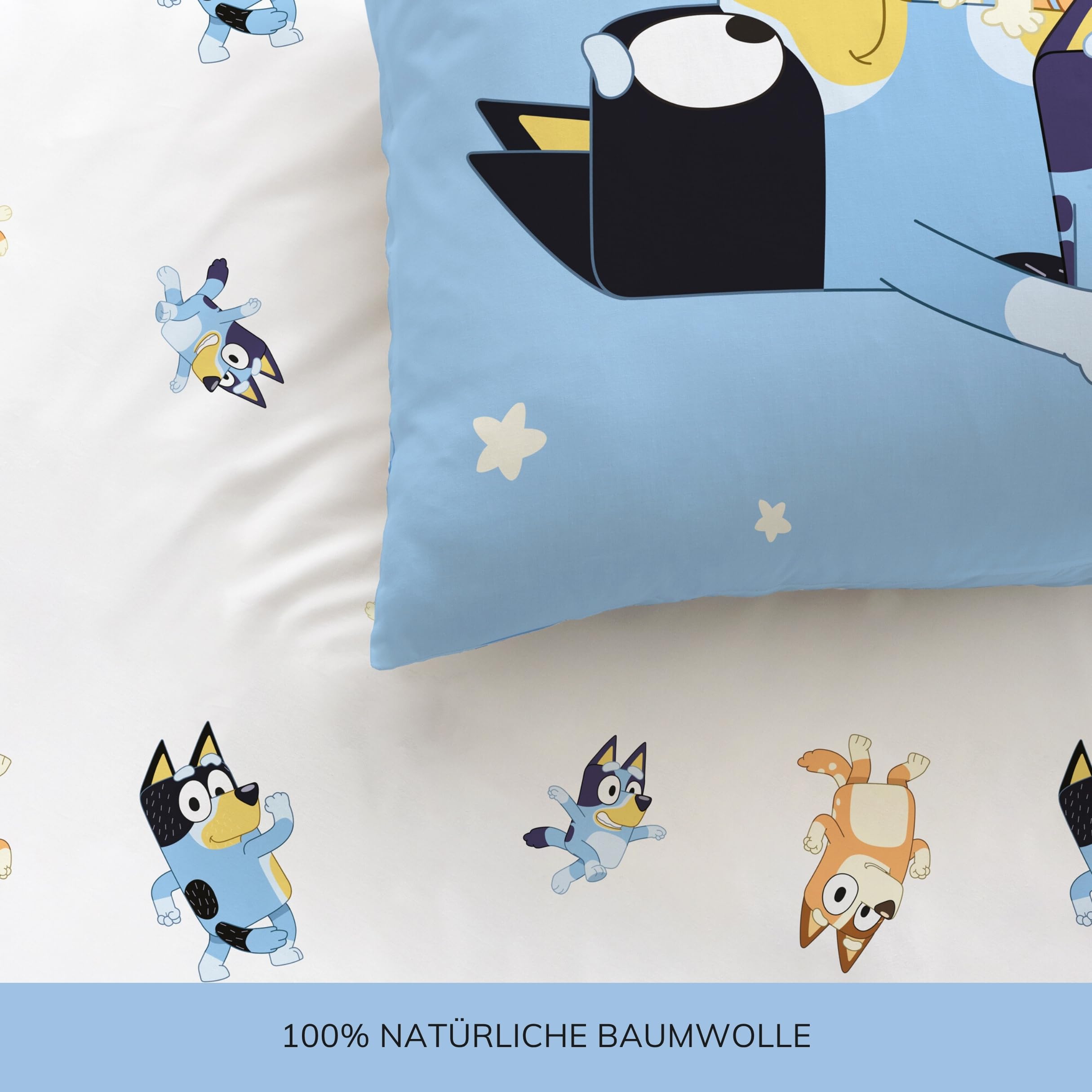 MTOnlinehandel Bluey Bettwäsche 135x200 Baumwolle für Mädchen und Jungen, Wendemotiv Kinderbettwäsche, 1x Kissenbezug 80x80 + Bettbezug 135x200, Öko Tex