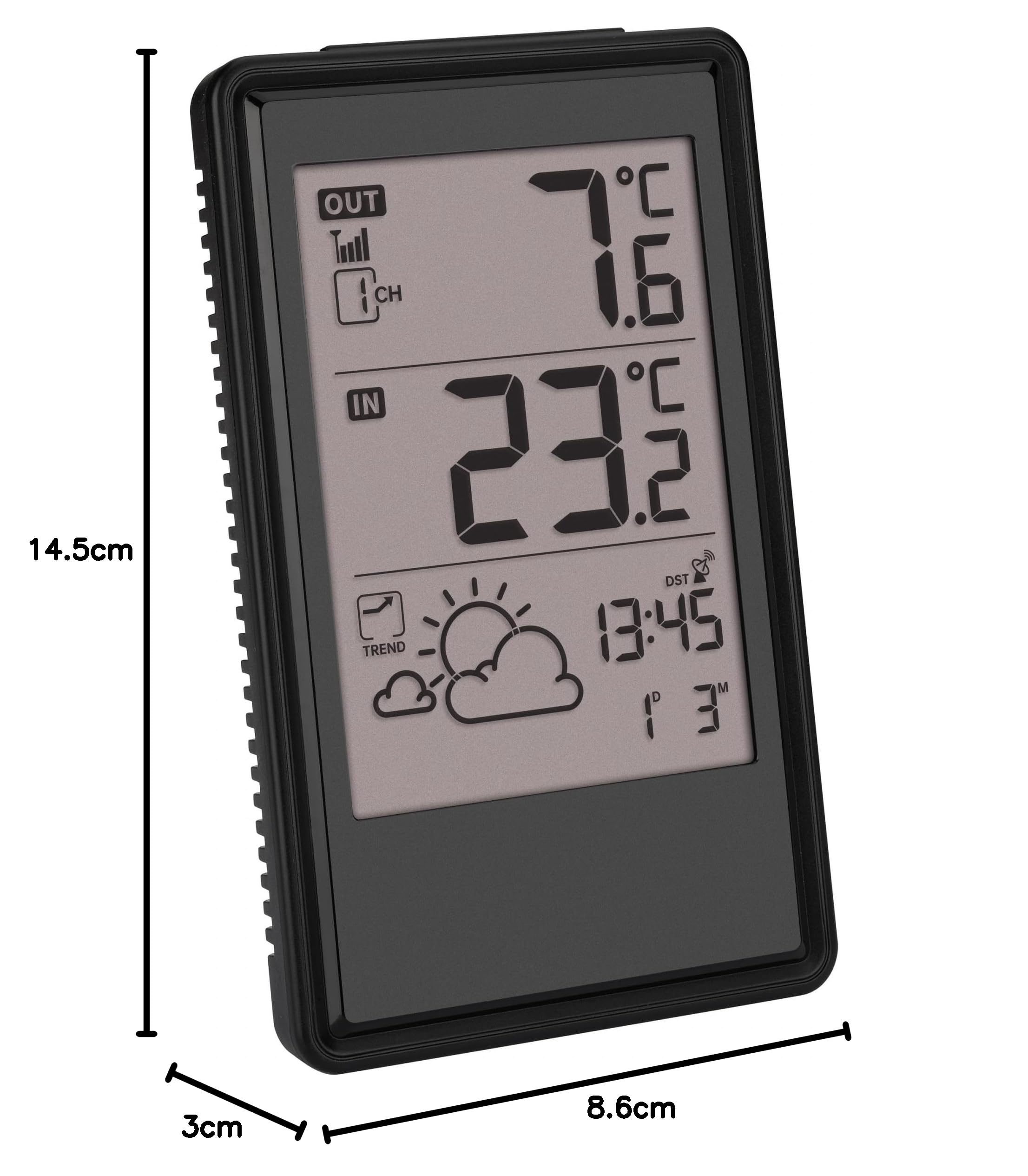 TFA Dostmann Station météo sans Fil Noir 35.1170.01 avec capteur extérieur et horloge radio-pilotée