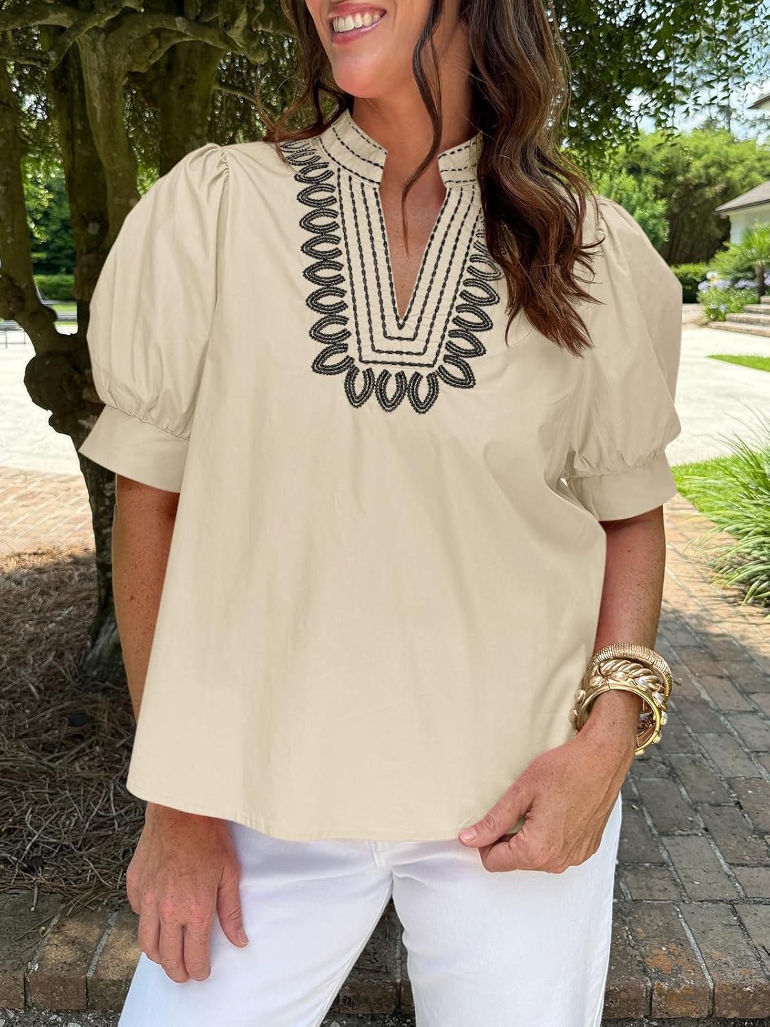 Cicy Bell Womens Puff Short Sleeve Blouses Summer Casual Dressy Embroidered V Neck Tops Loose Fit Tee Shirts - Image 5