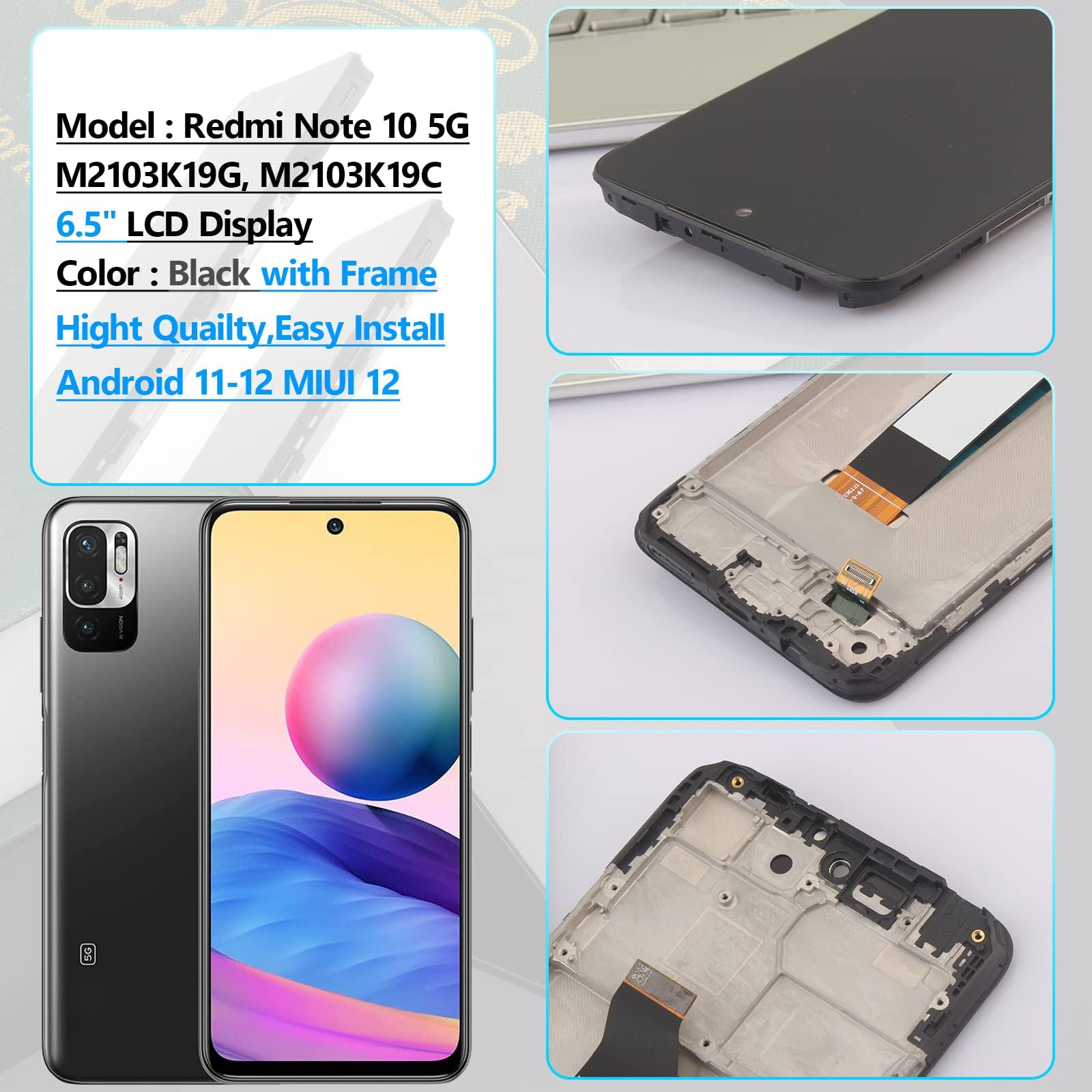6,5" czarny + ramka wyświetlacz do Xiaomi Redmi Note 10 5G LCD wyświetlacz dotykowy ekran zamienny ekran z narzędziami + 1 sztuka folii ochronnej Redmi Note 10 5G (modele: M2103K19G M2103K19C)
