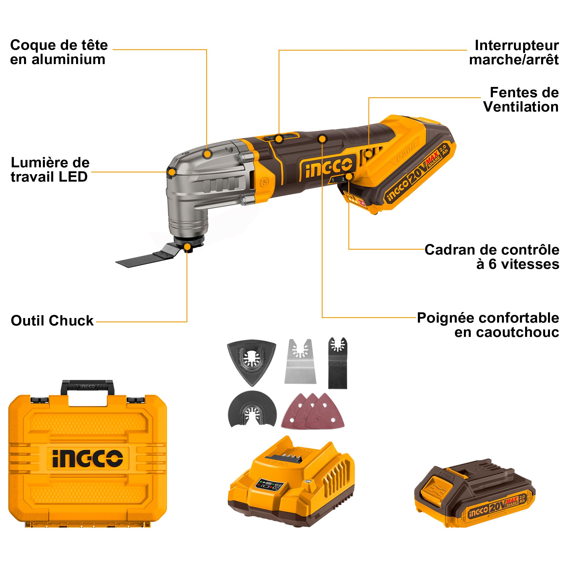 INGCO Outil Multifonction Oscillant sans Fil 20V, 5000-20000 tr/min, Outil Oscillant sans Fil avec 8 Pièces Accessoires, 1 Batterie 2,0 Ah et Chargeur pour Couper, Poncer, Gratter, Scier CMLI20228