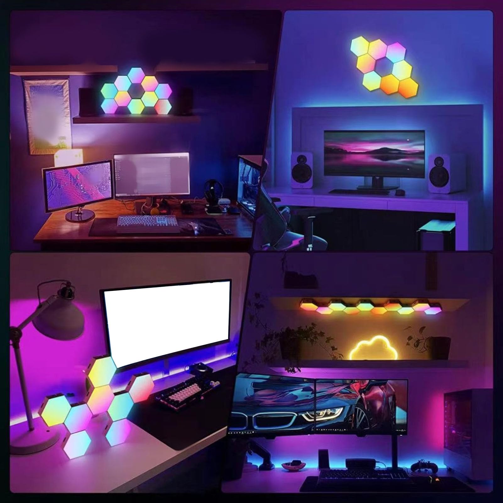 Bnineteenteam Paneles de Luz Hexagonales, 10 Juegos de Luces LED Hexagonales RGB Montadas en la Pared Método de Control Triple Panel de Luz Hexagonal para Juegos Cool Music Sync APP Control