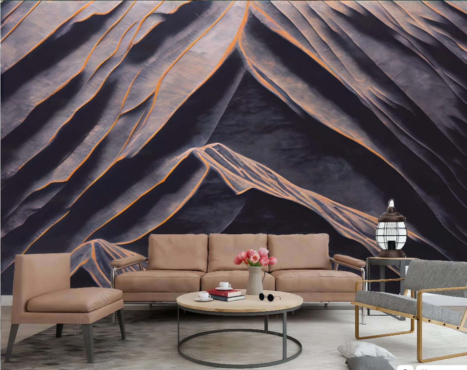 Tapeta nowoczesna minimalistyczna sztuka trójwymiarowa złota linia wytłoczony szczyt górski wzór skały telewizor sofa tło tapeta ścienna salon restauracja kawiarnia ścienna, 3D, 300 x 210 cm