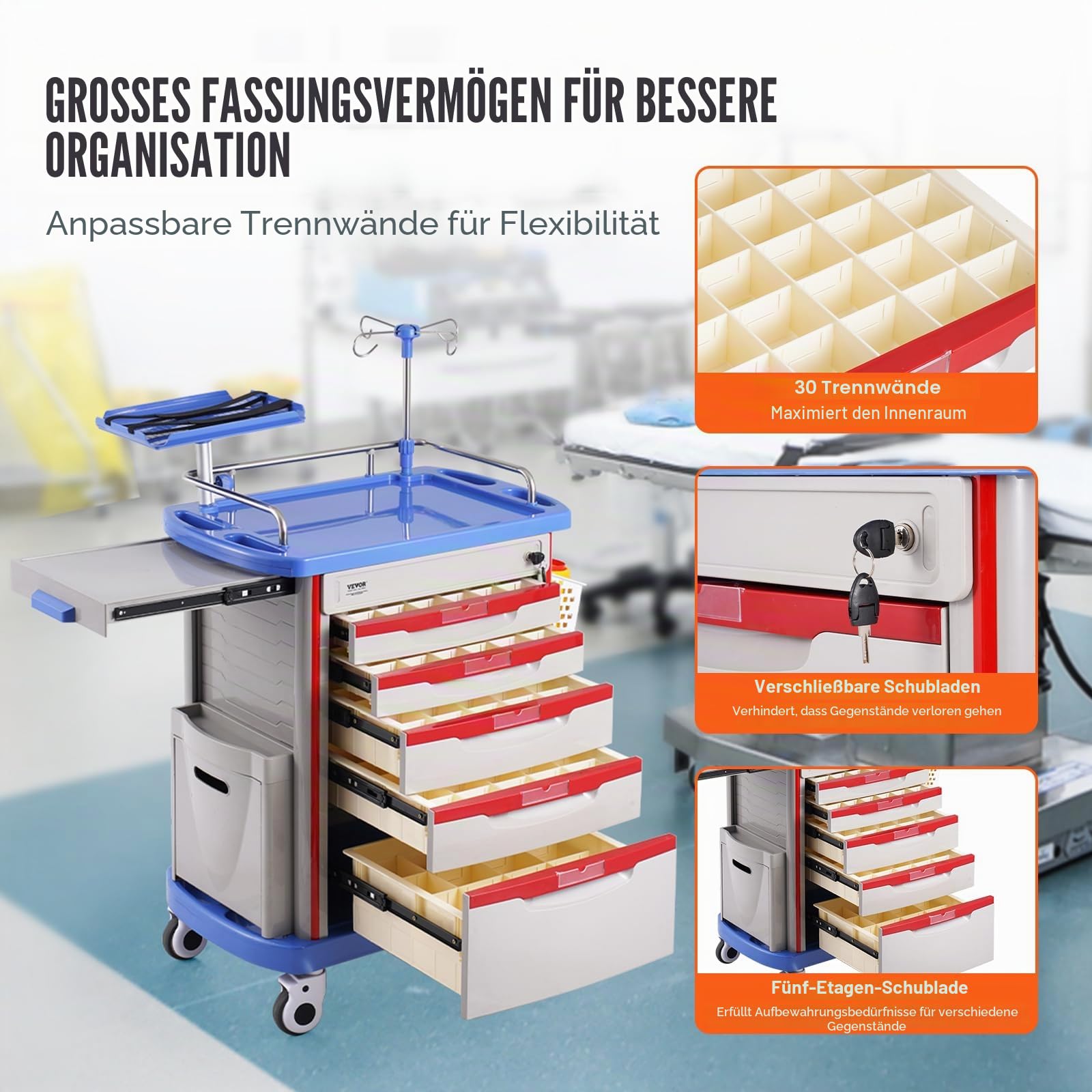 VEVOR Laborwagen Laborhilfswagen 5-stöckig, mobiler medizinischer Wagen aus PP-Material, mit 4 leisen Rädern & 5 Schubladen, Laborrollwagen Salonwagen für Labor, Klinik, Krankenhaus, Salon, Blau